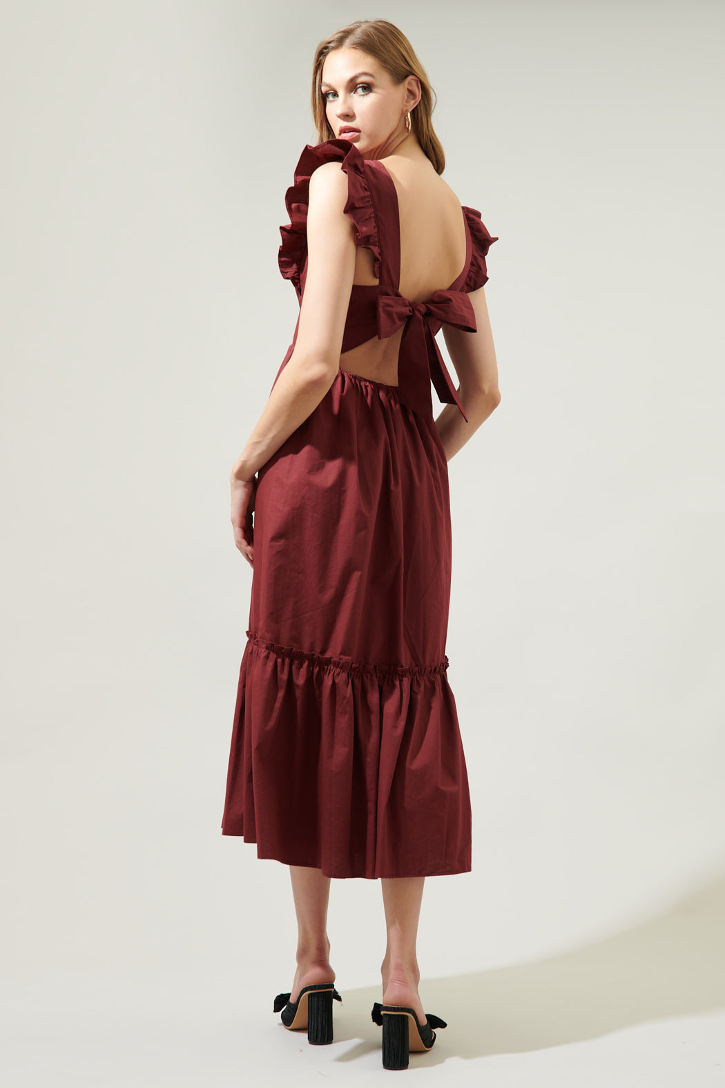 burgundy poplin dress Shirred Organic Cotton-poplin Midi Dress