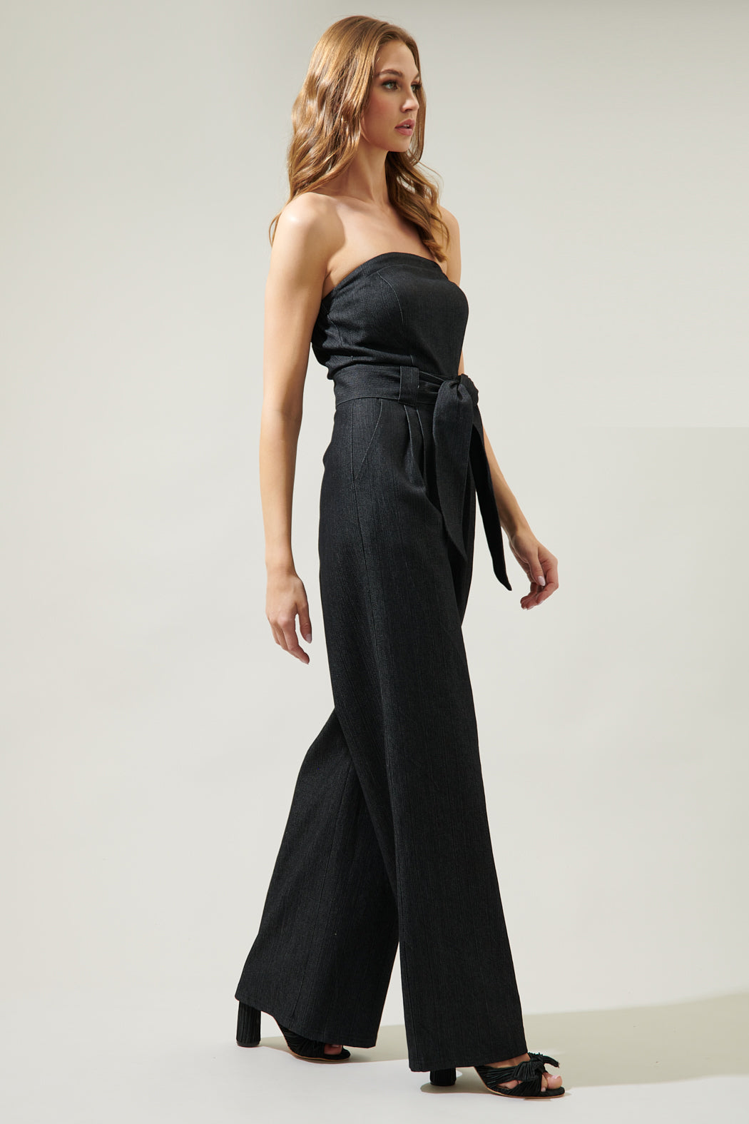 Sugarlips Denim Strapless Tube Top Wide Leg Jumpsuit, Womens, M, Black Denim Sugarlips Denim Strapless Tube Top Wide Leg Jumpsuit, Womens, M, Black Denim