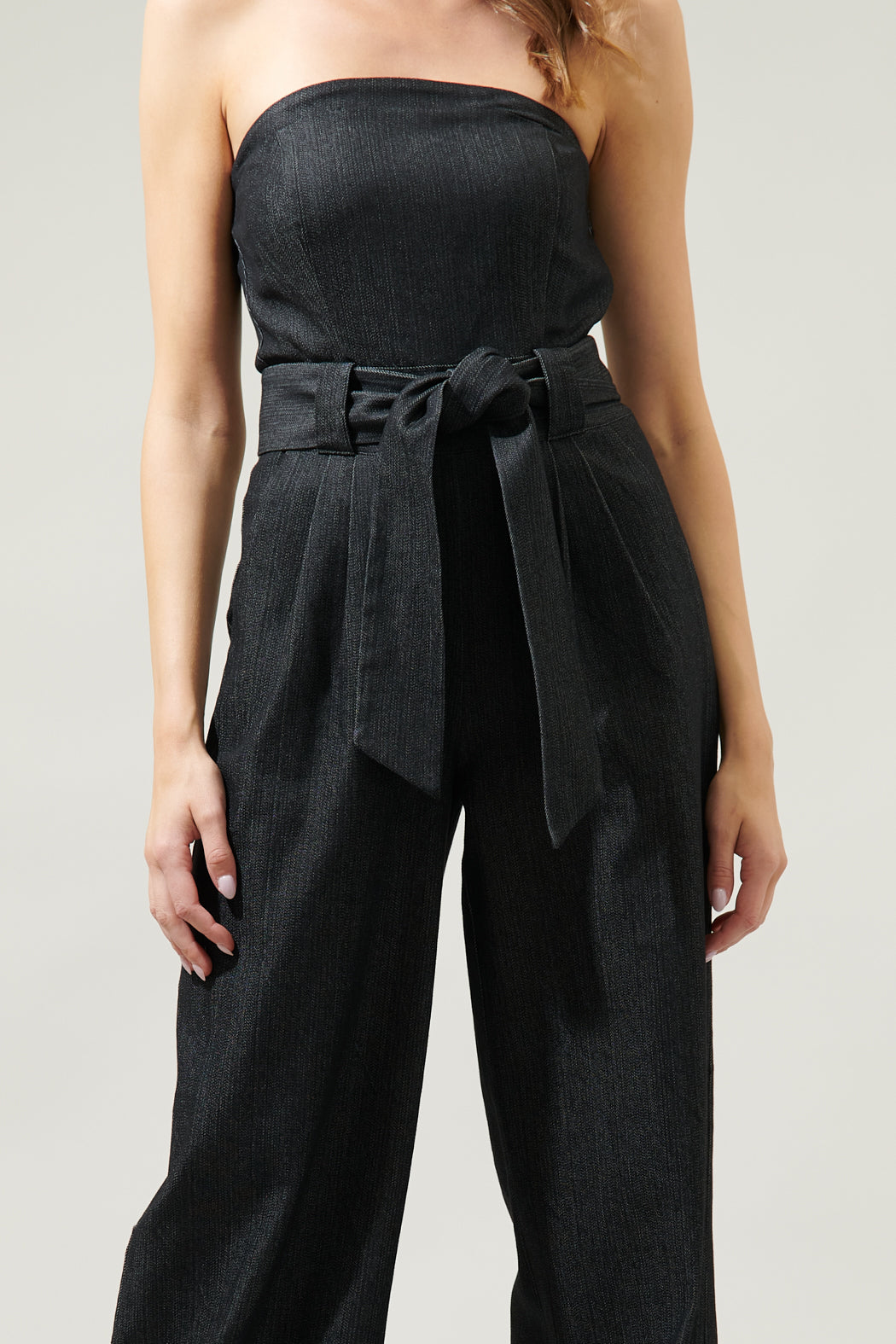 Sugarlips Denim Strapless Tube Top Wide Leg Jumpsuit, Womens, M, Black Denim Sugarlips Denim Strapless Tube Top Wide Leg Jumpsuit, Womens, M, Black Denim