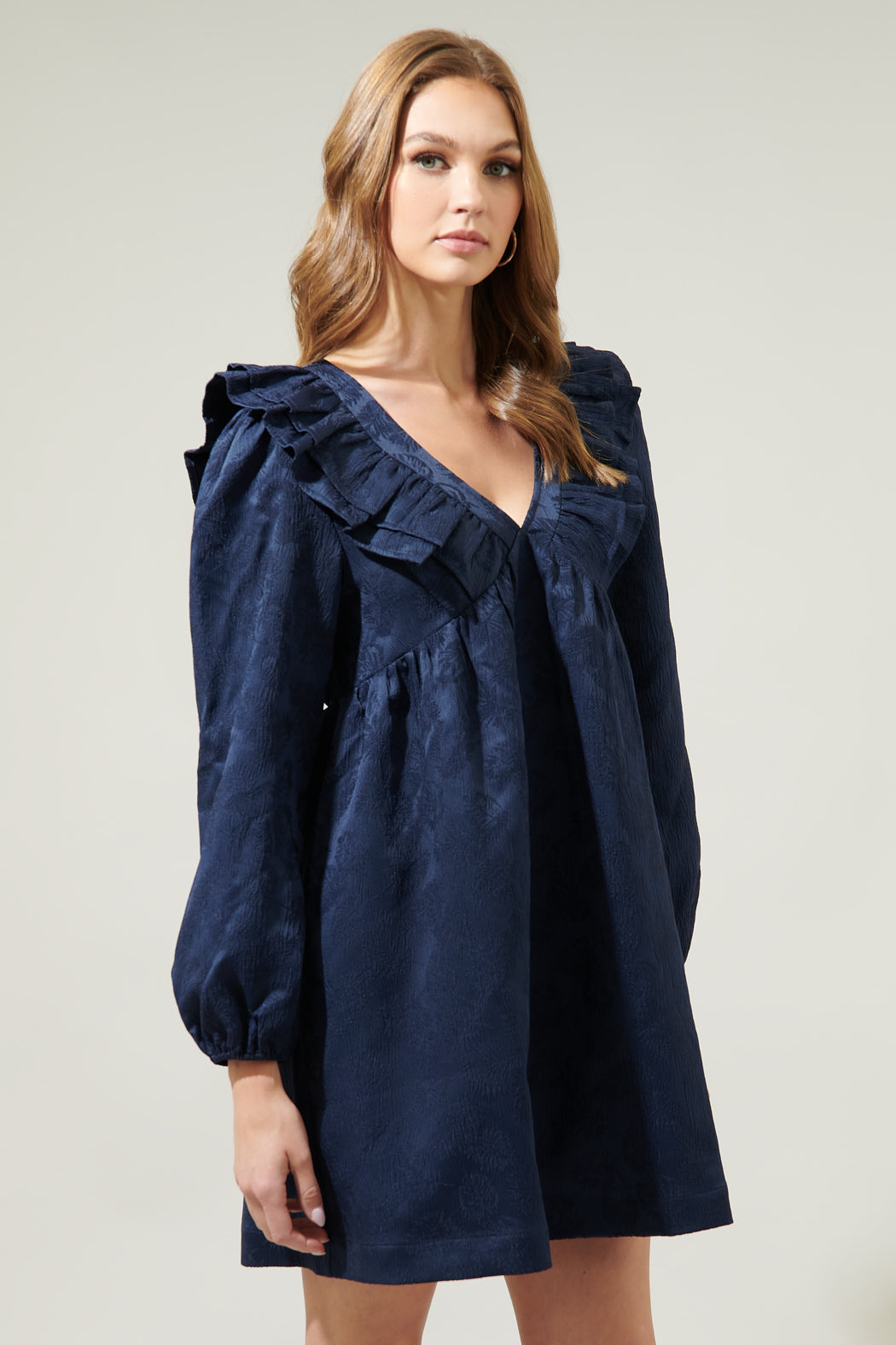 Ciao Jaquard Ruffle Babydoll Dress NAVY / XS