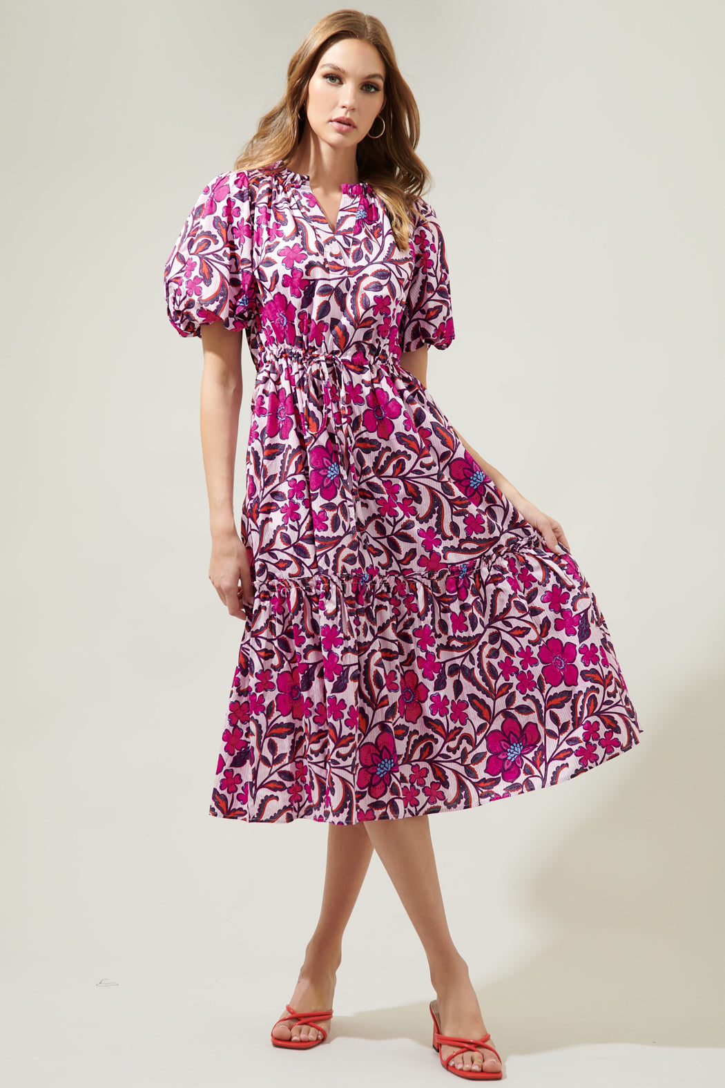bubble sleeve midi dress Aubrey Floral Ginny Bubble Sleeve Midi Dress PINK-MULTI / S by Sugarlips