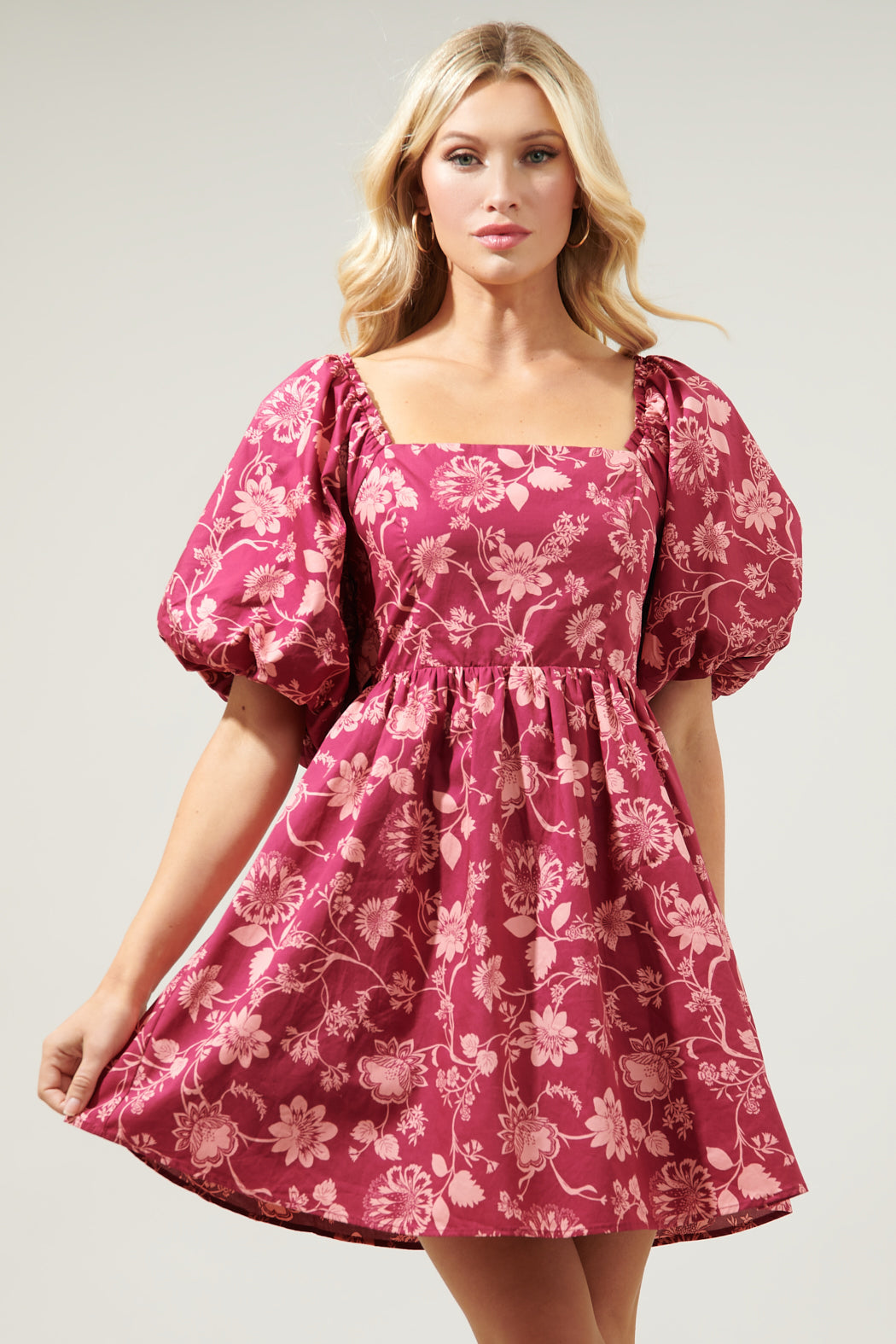 Mulberry Floral Marion Puff Sleeve Babydoll Mini Dress WINE-COMBO / XL by Sugarlips Mulberry Floral Marion Puff Sleeve Babydoll Mini Dress WINE-COMBO / XL by Sugarlips
