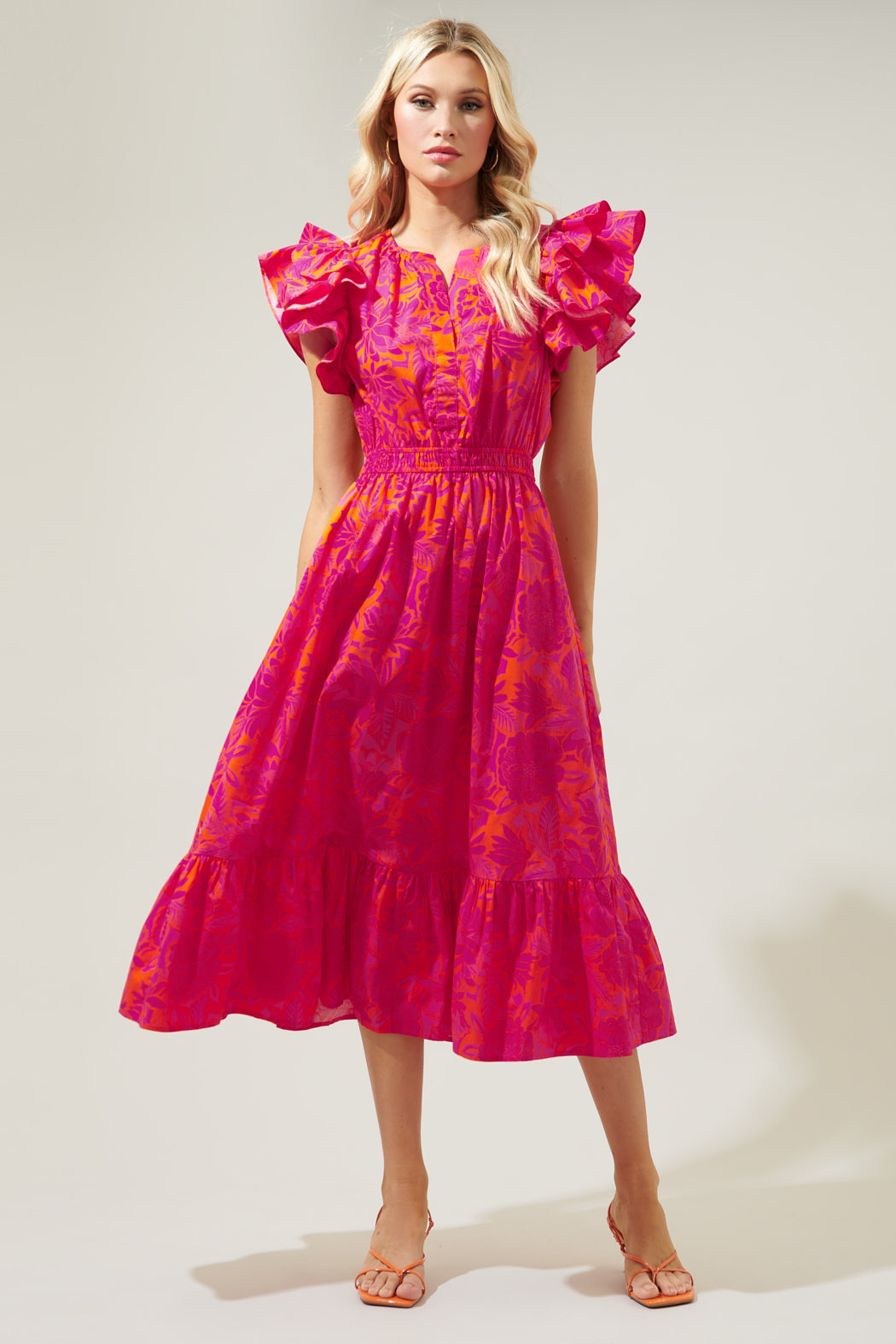 Bali Tropics Jelina Ruffle Sleeve Midi Dress ORANGE-PINK-MULTI / Xs by Sugarlips Bali Tropics Jelina Ruffle Sleeve Midi Dress ORANGE-PINK-MULTI / Xs by Sugarlips