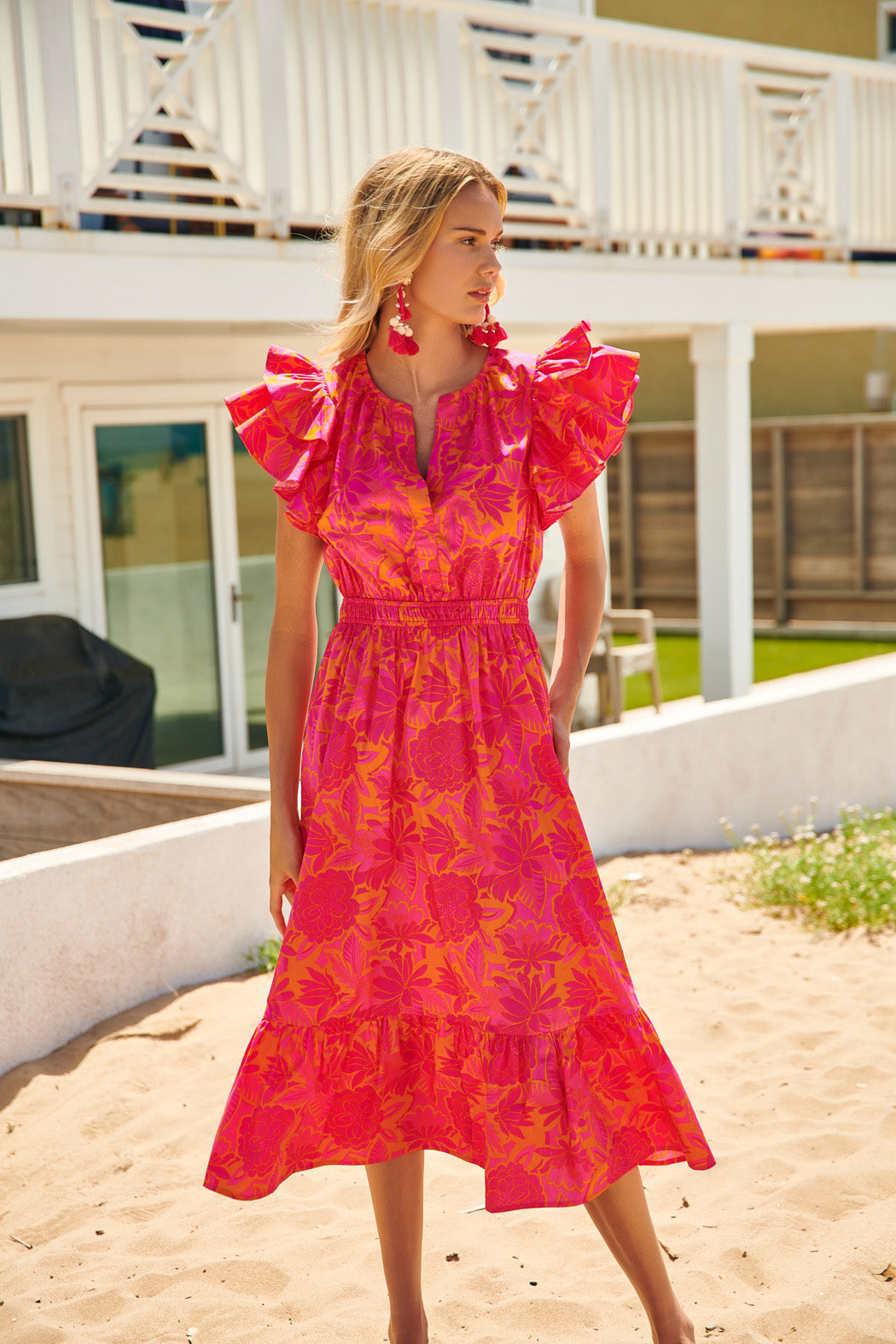 ruffle sleeve midi dress Pink V Neck Tiered 3.5 3.5 3.5 Length Yellow Ruffle Sleeve Midi Dress