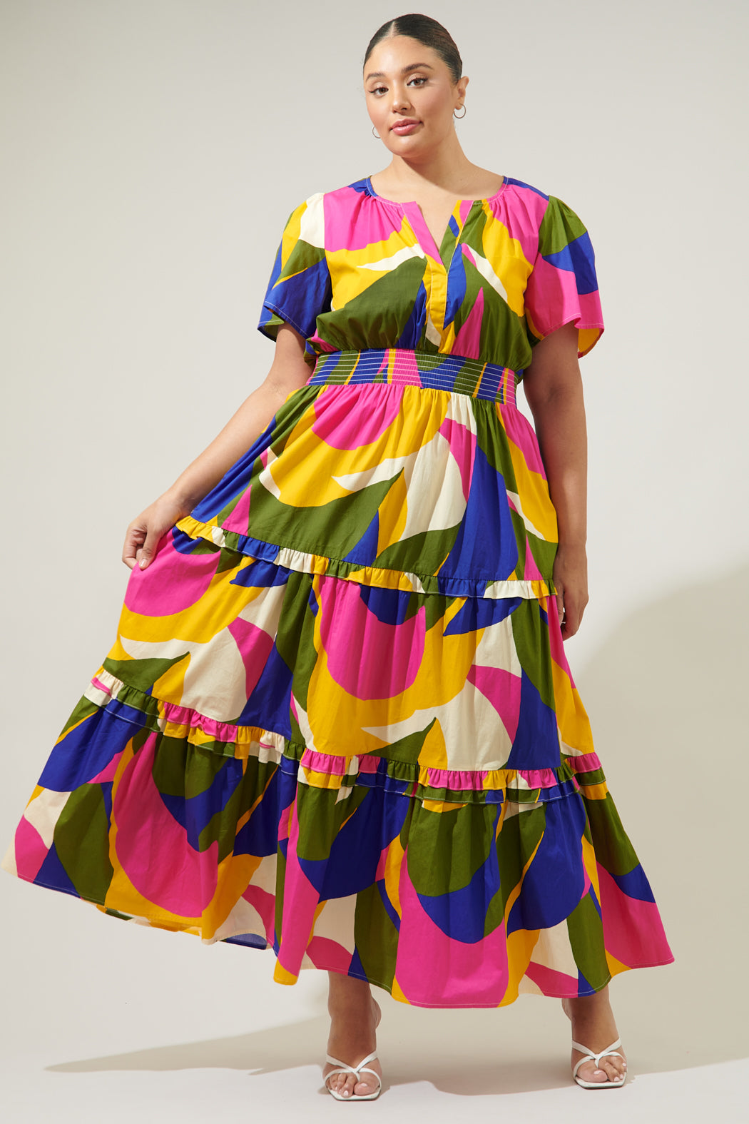 tiered maxi dress formal Rio Abstract Palmer Poplin Tiered Maxi Dress Curve KHAKI-MULTI / 1X by Sugarlips