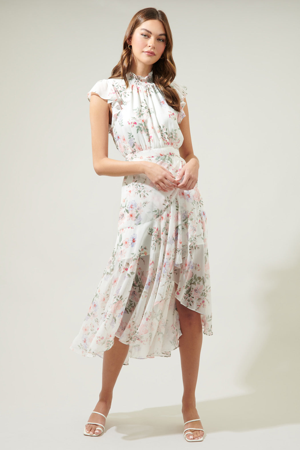 Hillary Tana Blouson Drape Tiered Midi Dress Creme-Multi / XL by Sugarlips Hillary Tana Blouson Drape Tiered Midi Dress Creme-Multi / XL by Sugarlips