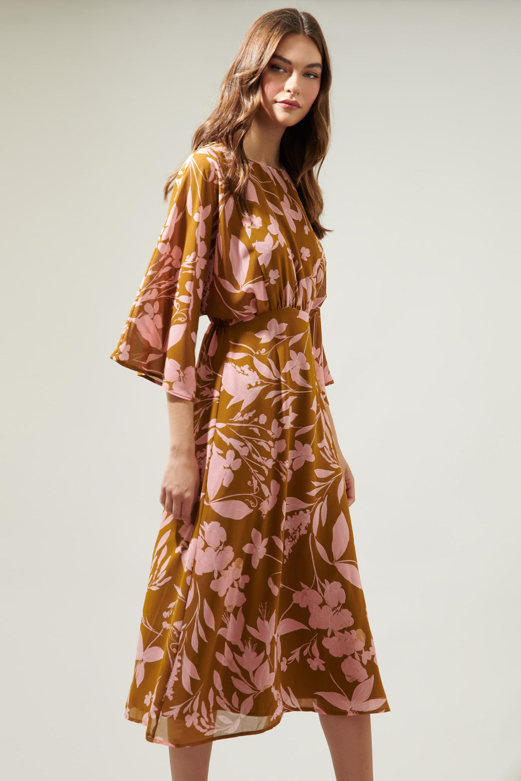 Magnolia Floral Kimono Sleeve Drapery Midi Dress Magnolia Floral Kimono Sleeve Drapery Midi Dress