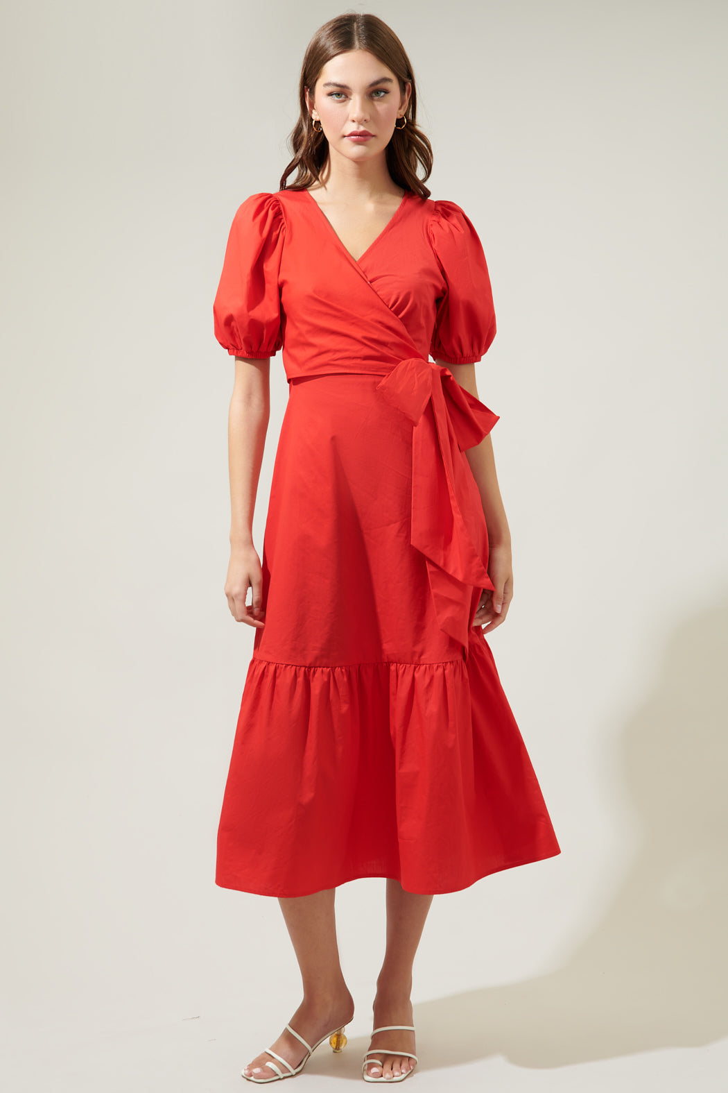 Sunny Stroll Poplin Wrap Top Midi Dress Red / Xs by Sugarlips Sunny Stroll Poplin Wrap Top Midi Dress Red / Xs by Sugarlips