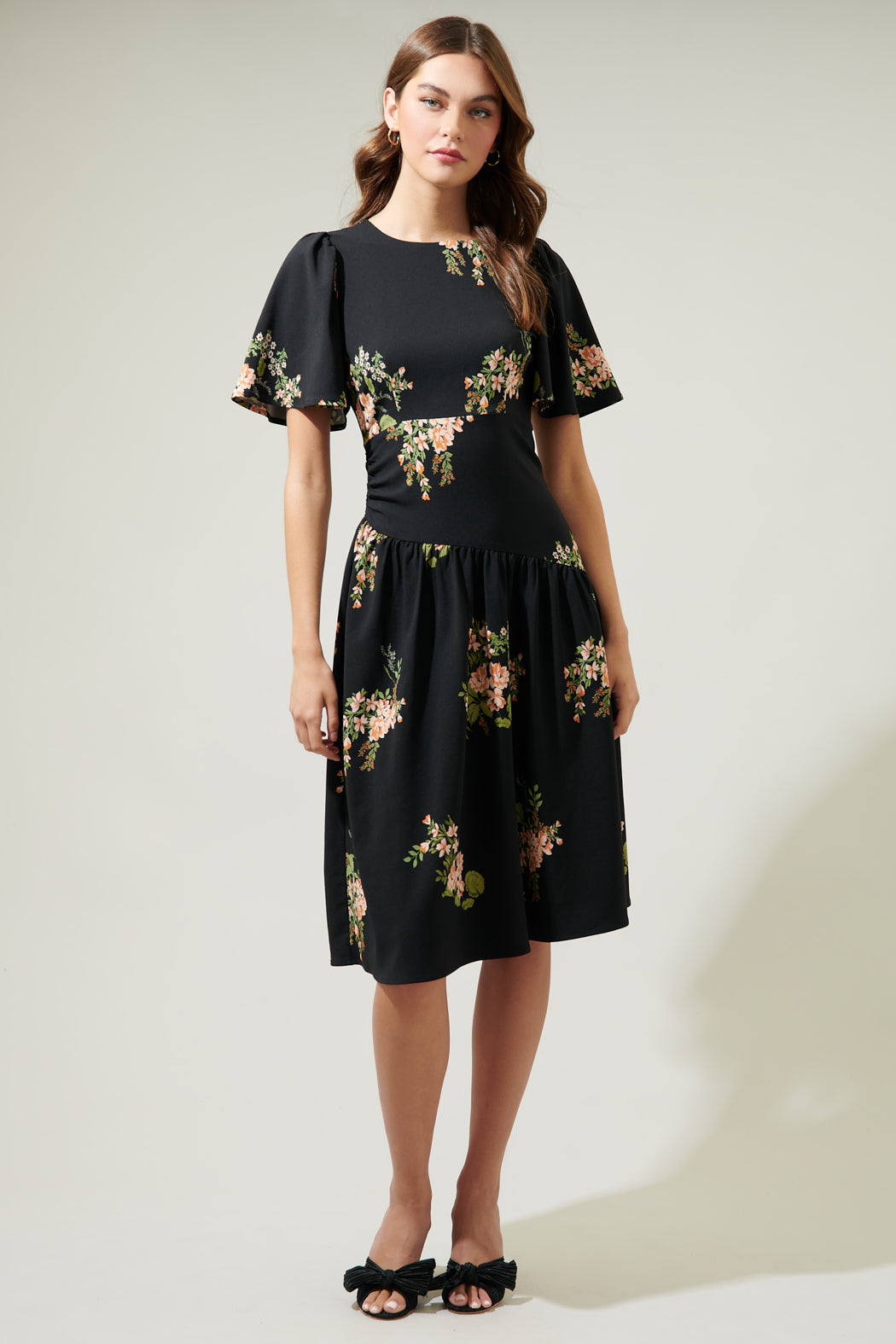 Jasleen Floral Bruna Drop Waist Midi Dress BLACK-MULTI / S by Sugarlips Jasleen Floral Bruna Drop Waist Midi Dress BLACK-MULTI / S by Sugarlips