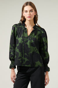 Night Moss Floral Russo Pleated Long Sleeve Blouse