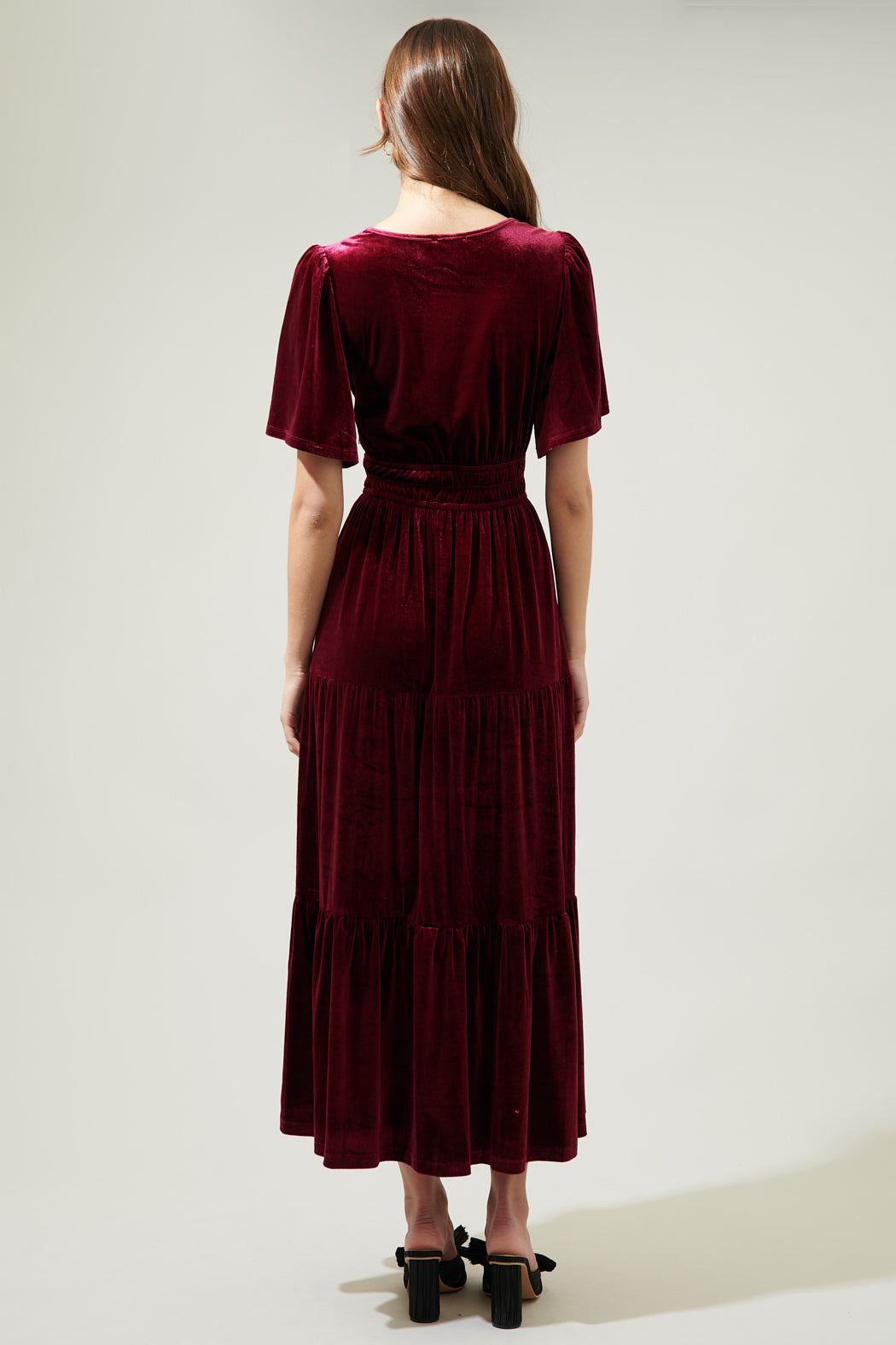 Debbie Velvet Tiered Maxi Dress BURGUNDY / XS by Sugarlips Debbie Velvet Tiered Maxi Dress BURGUNDY / XS by Sugarlips