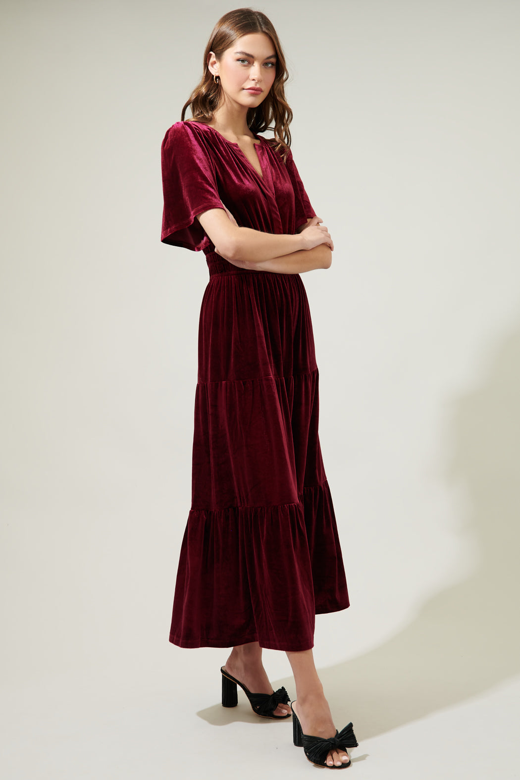 Debbie Velvet Tiered Maxi Dress BURGUNDY / XS by Sugarlips Debbie Velvet Tiered Maxi Dress BURGUNDY / XS by Sugarlips