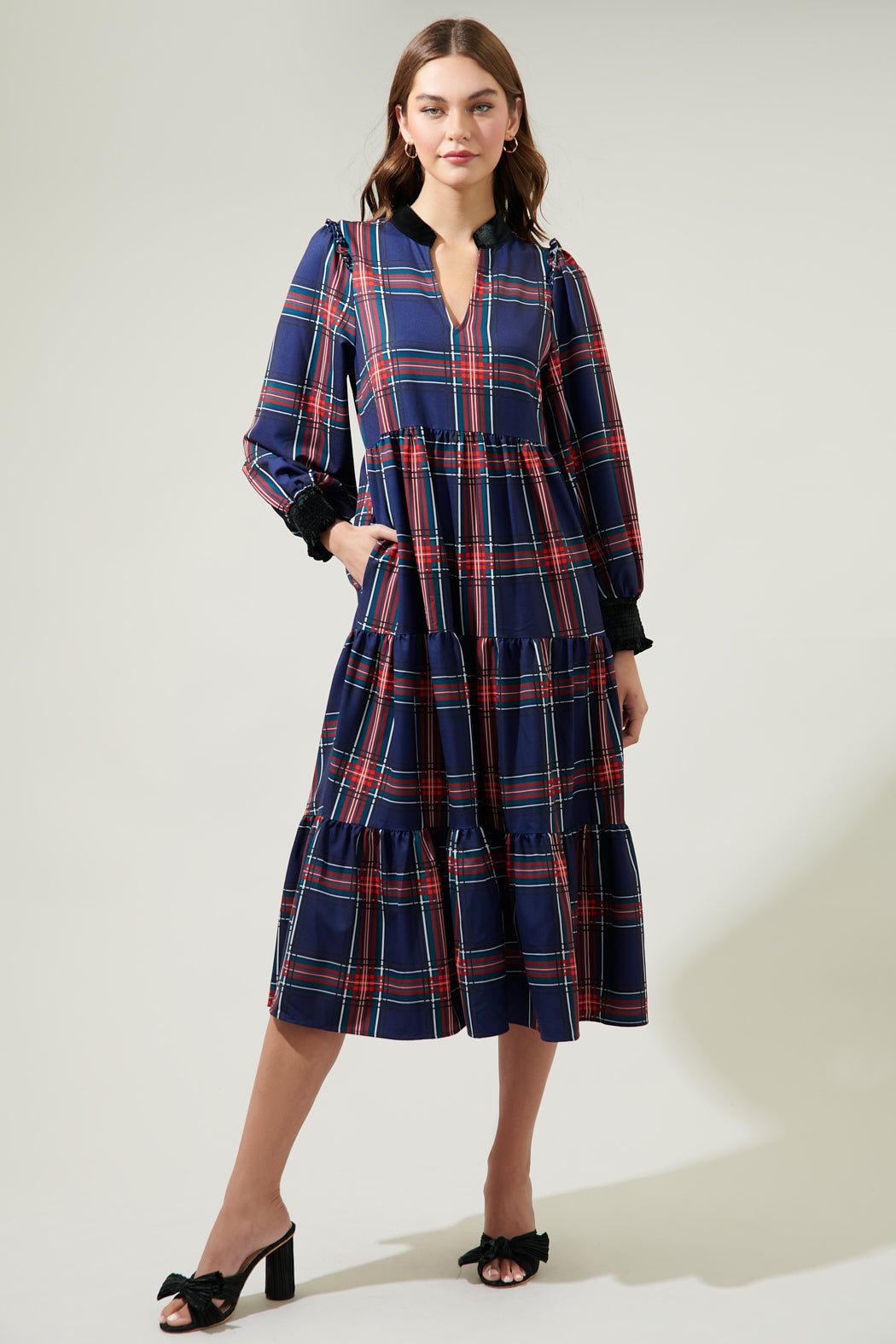 Lakeview Plaid Sherril Long Sleeve Maxi Dress NAVY-RED / S by Sugarlips Lakeview Plaid Sherril Long Sleeve Maxi Dress NAVY-RED / S by Sugarlips