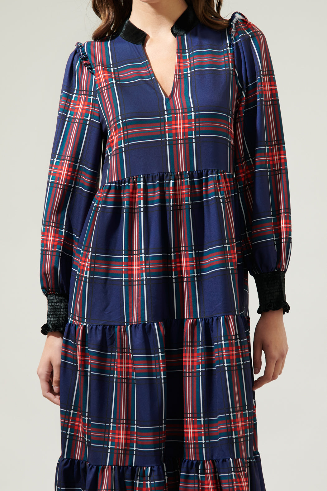 Lakeview Plaid Sherril Long Sleeve Maxi Dress NAVY-RED / S by Sugarlips Lakeview Plaid Sherril Long Sleeve Maxi Dress NAVY-RED / S by Sugarlips