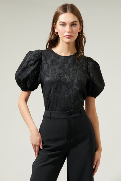 トップス Flower Jacquard 2way Puff Sleeve Tops OfflineInc64d591e8d11b02468098