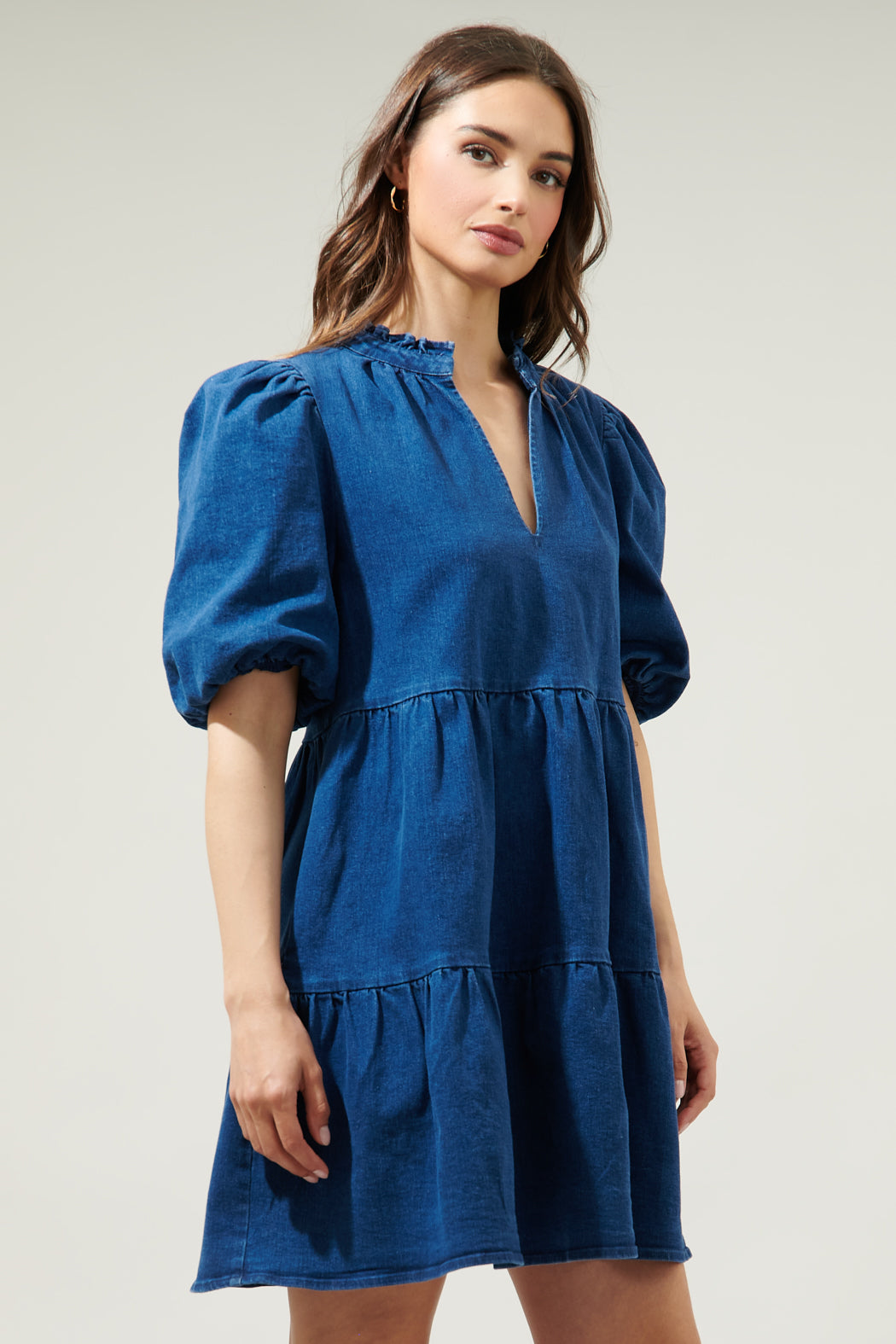 Aura Jacey Babydoll Denim Mini Dress MID-BLUE / S by Sugarlips Aura Jacey Babydoll Denim Mini Dress MID-BLUE / S by Sugarlips
