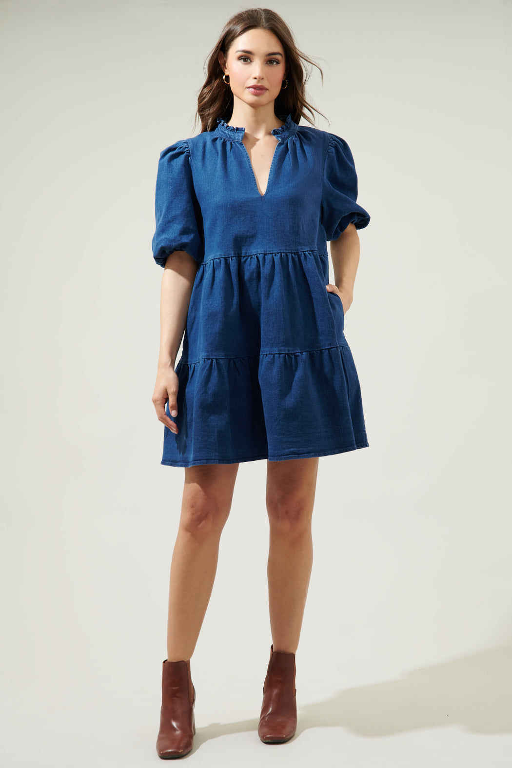 Aura Jacey Babydoll Denim Mini Dress MID-BLUE / S by Sugarlips Aura Jacey Babydoll Denim Mini Dress MID-BLUE / S by Sugarlips