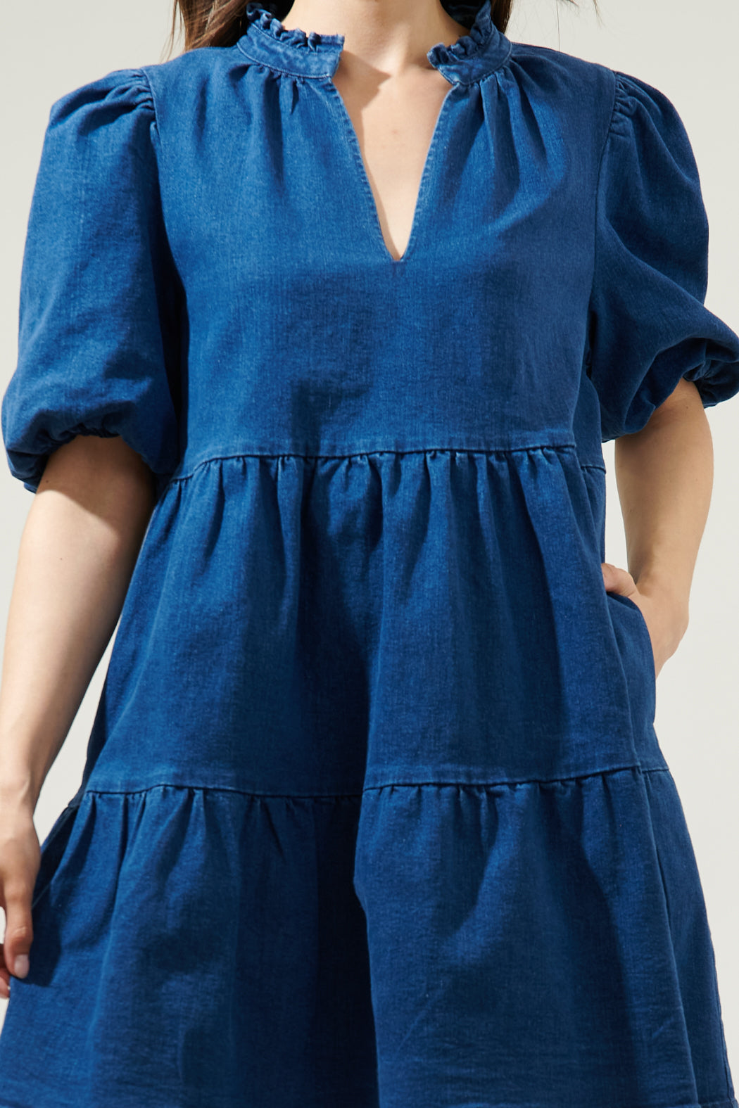 Aura Jacey Babydoll Denim Mini Dress Mid-Blue / S by Sugarlips Aura Jacey Babydoll Denim Mini Dress Mid-Blue / S by Sugarlips