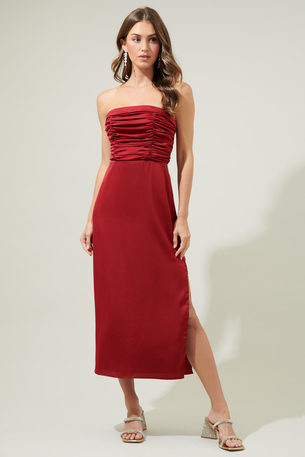 strapless ruched midi dress Ruched Mesh Strapless Midi Dress