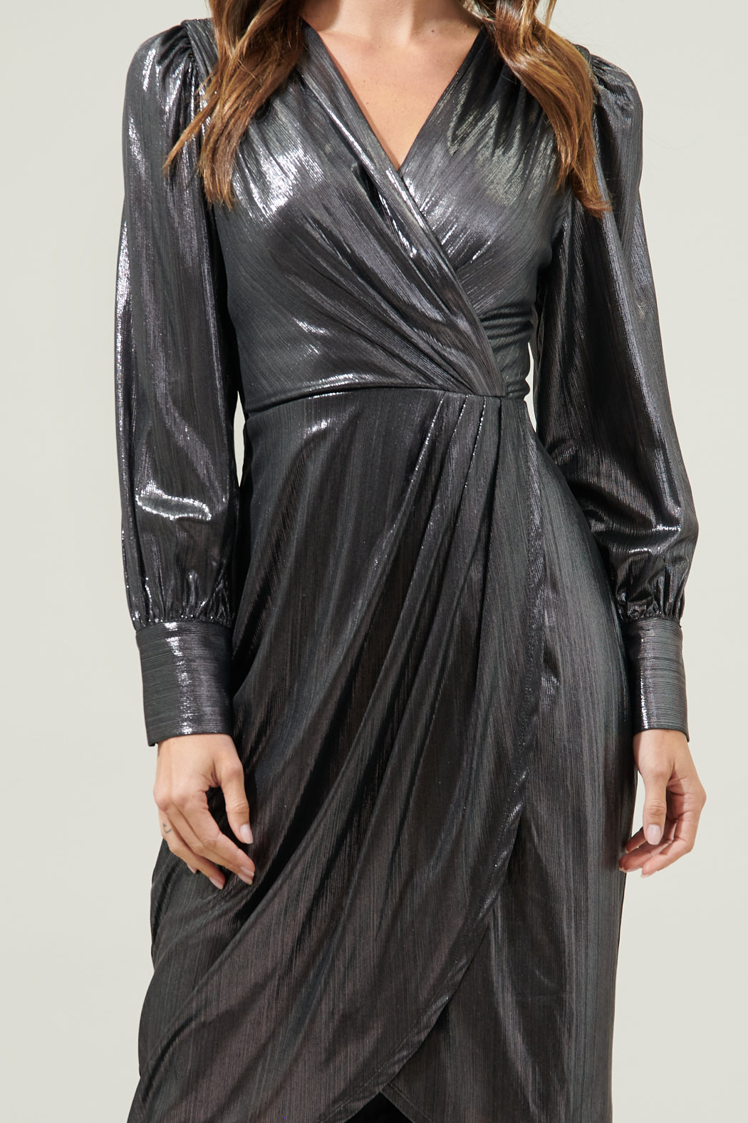 metallic faux wrap dress Light Grey Maxi Dress - Metallic Faux-Wrap Dress - Surplice Dress