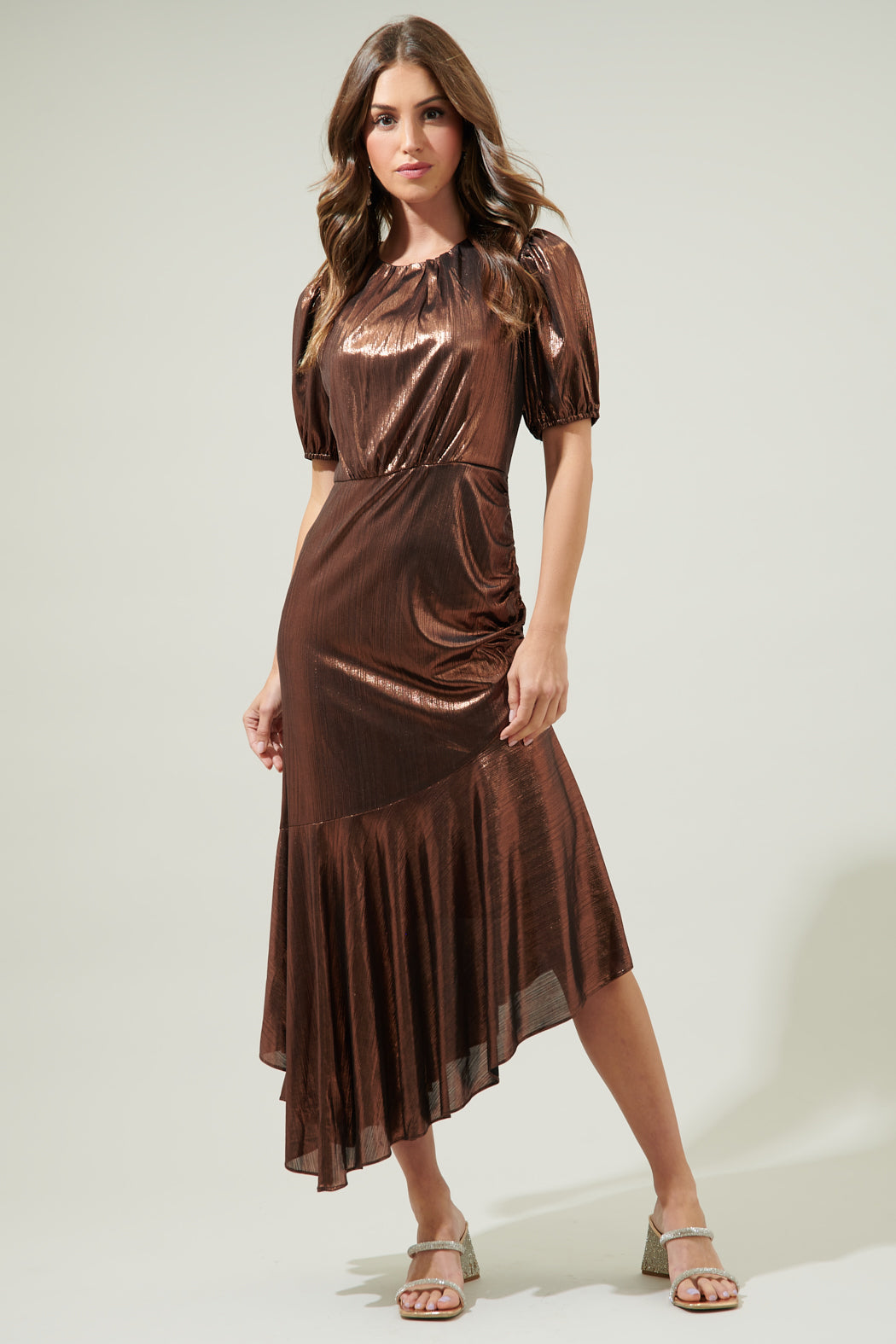 Rina Metallic Asymmetrical Maxi Dress Copper / XL by Sugarlips Rina Metallic Asymmetrical Maxi Dress Copper / XL by Sugarlips
