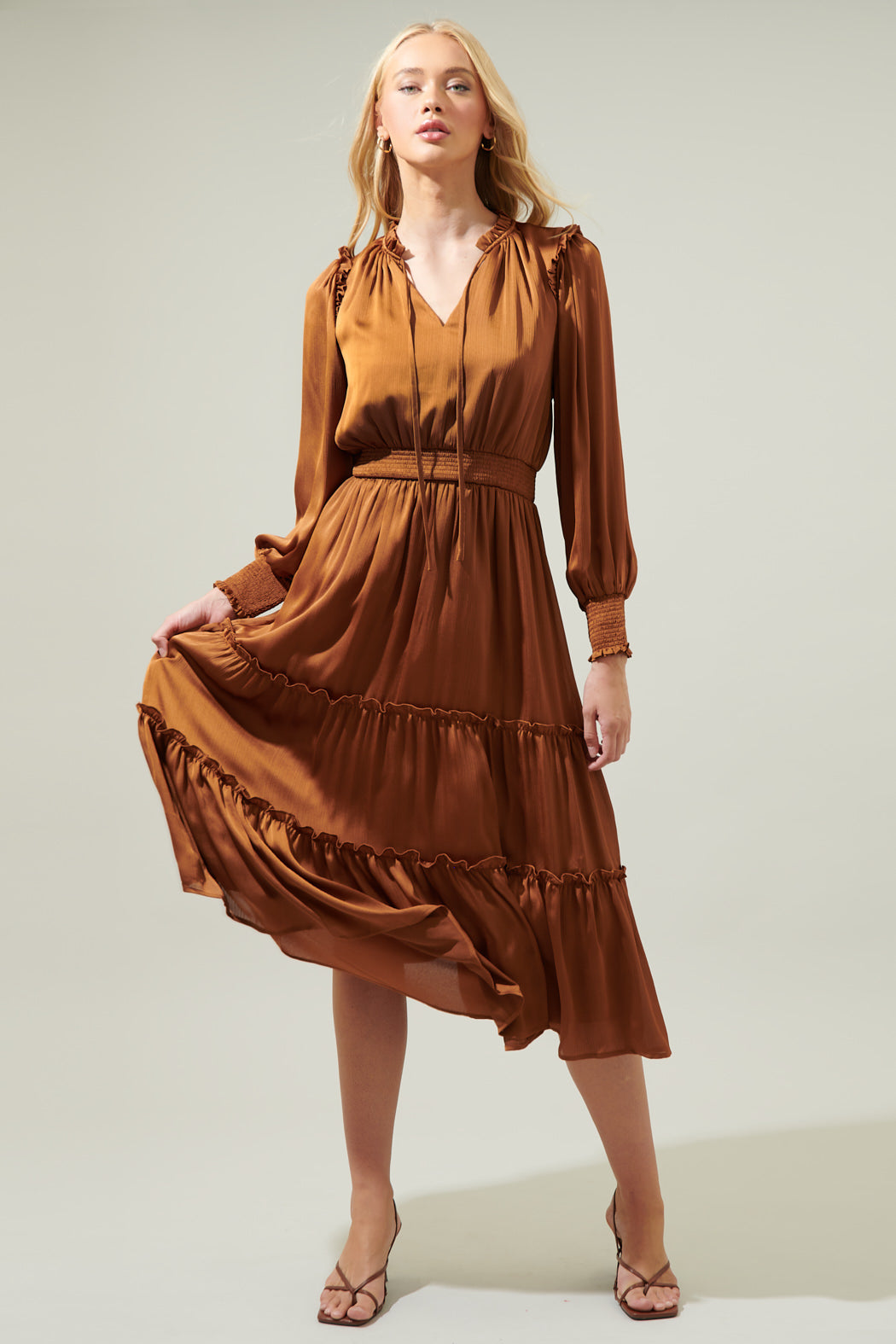 silk midi dress with split Amaya Side Slit Satin Midi Dress honey