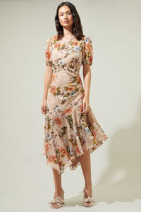 Harbin Floral Balboa Asymmetrical Midi Dress