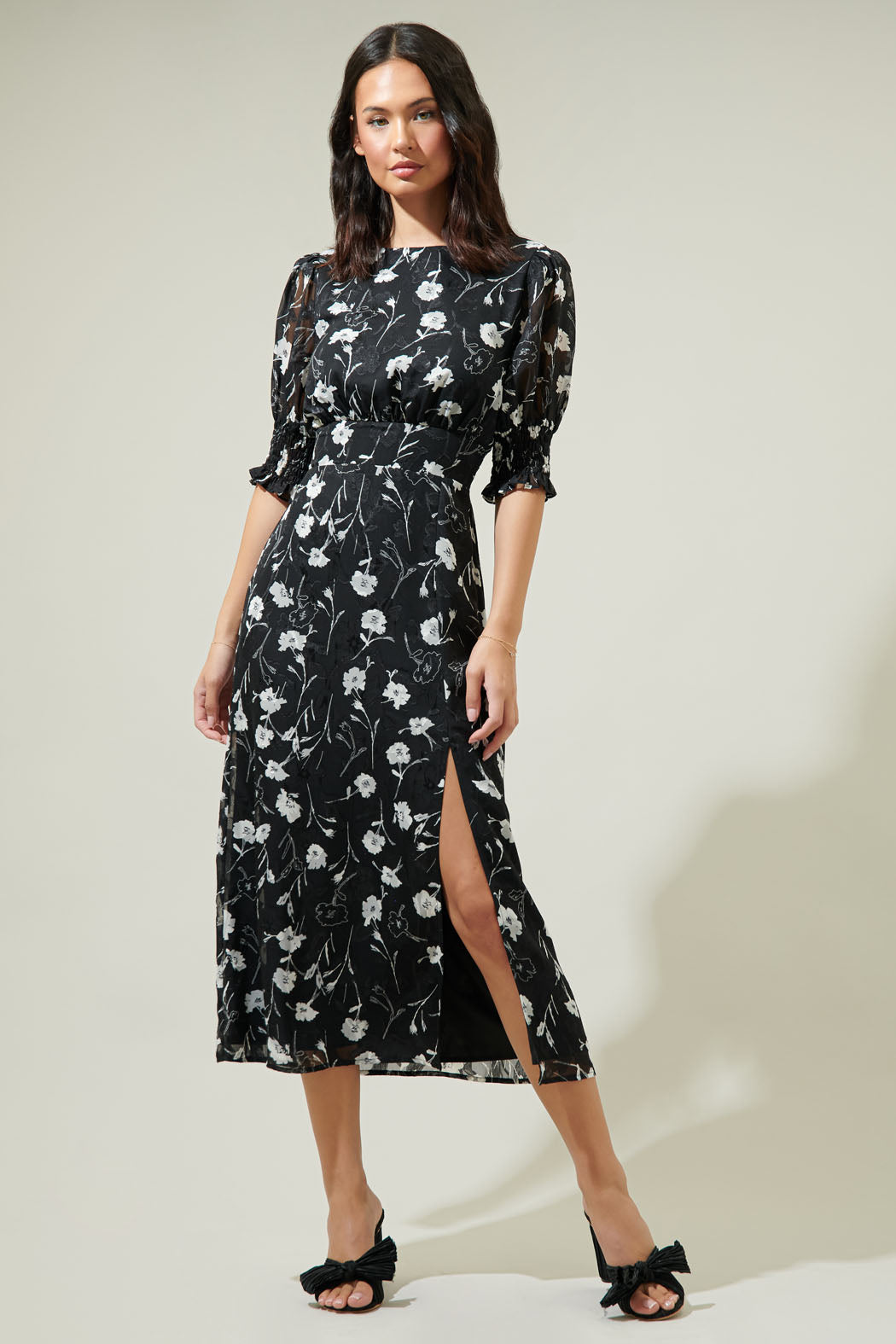 floral smocked waist midi dress Black Floral Puff Sleeve Smocked Waist Midi Dress