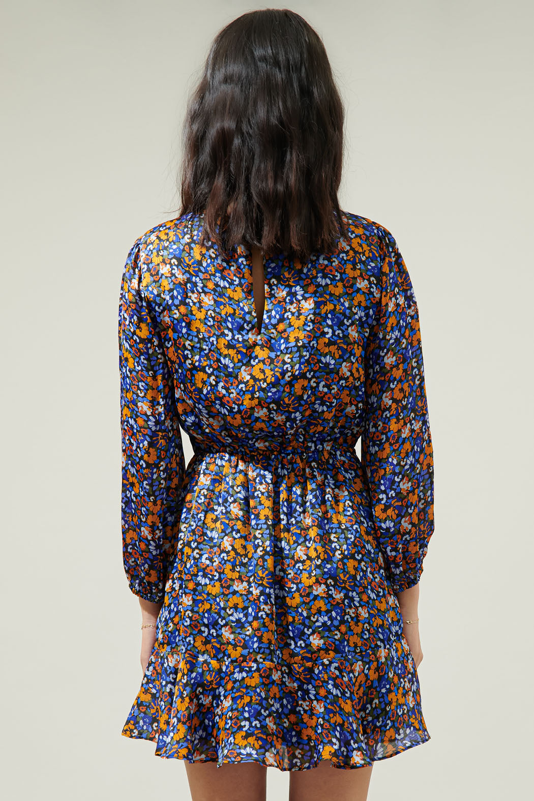 Lobelia Floral Satin Dolman Sleeve Mini Dress Blue-Rust / Xs by Sugarlips Lobelia Floral Satin Dolman Sleeve Mini Dress Blue-Rust / Xs by Sugarlips