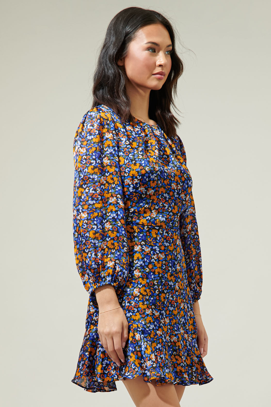 Lobelia Floral Satin Dolman Sleeve Mini Dress BLUE-RUST / XS by Sugarlips Lobelia Floral Satin Dolman Sleeve Mini Dress BLUE-RUST / XS by Sugarlips