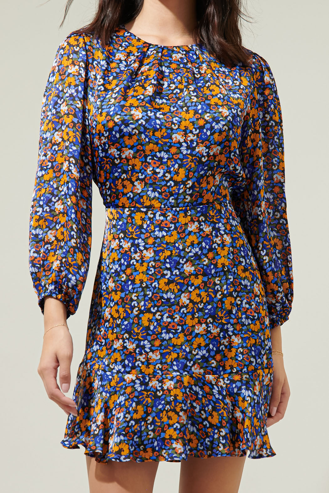 Lobelia Floral Satin Dolman Sleeve Mini Dress Blue-Rust / Xs by Sugarlips Lobelia Floral Satin Dolman Sleeve Mini Dress Blue-Rust / Xs by Sugarlips