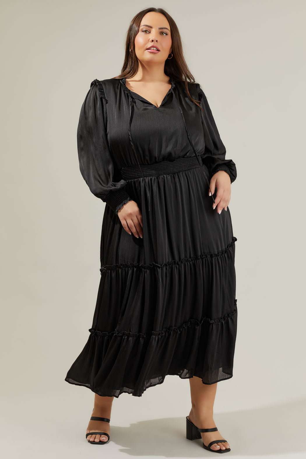 plus size silk midi dress Nine.Eight Women's Plus V-Neck Satin Peplum Midi Dress with Long Sleeves, XS-4X