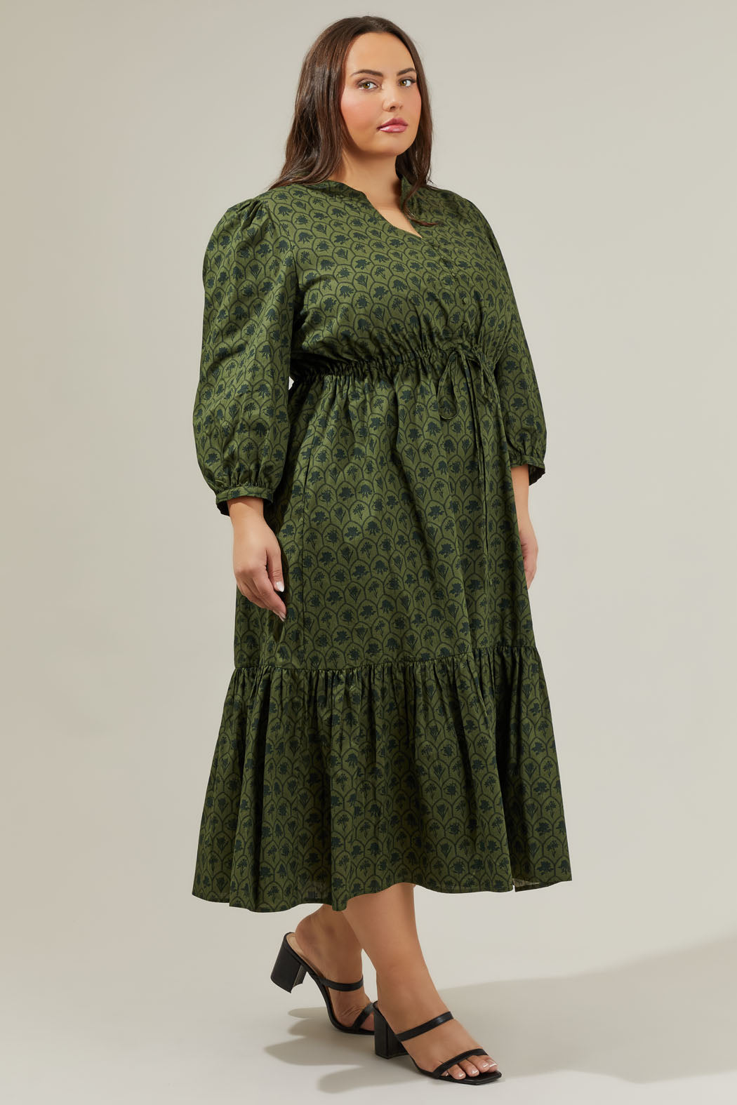 zinnia midi dress Zinnia Floral Split Neck Midi Dress OLIVE-MULTI / M by Sugarlips