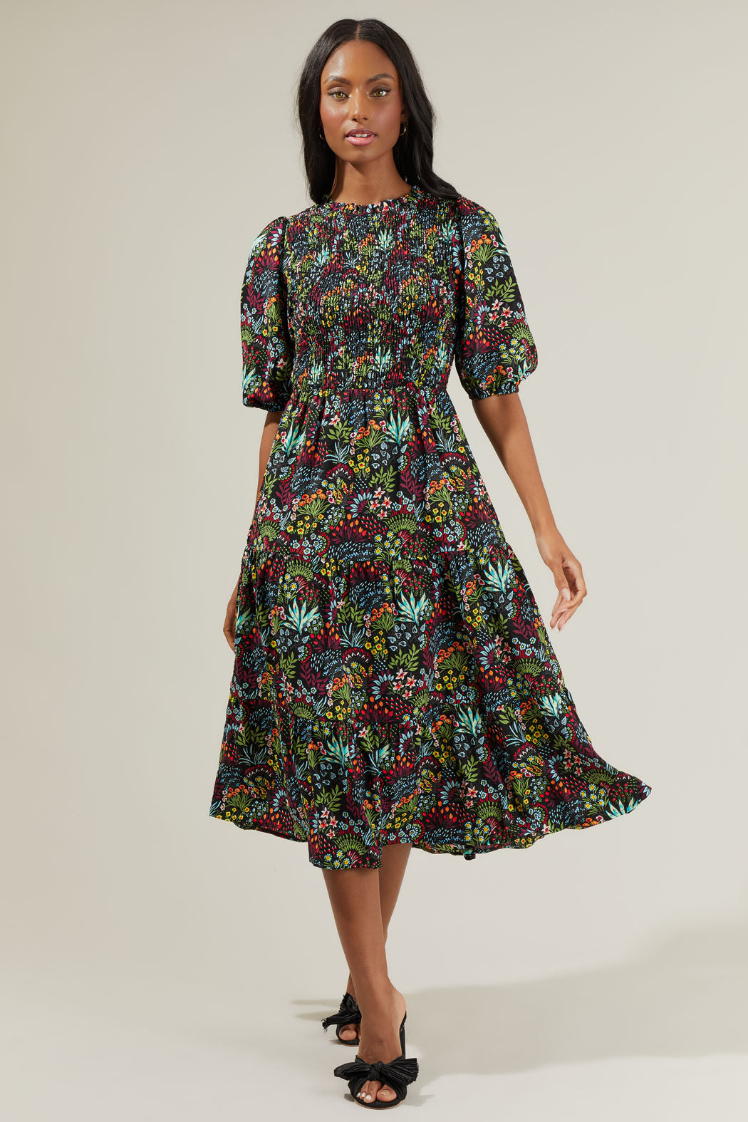 floral smocked tiered midi dress Smocked Tiered Floral Midi Dress S