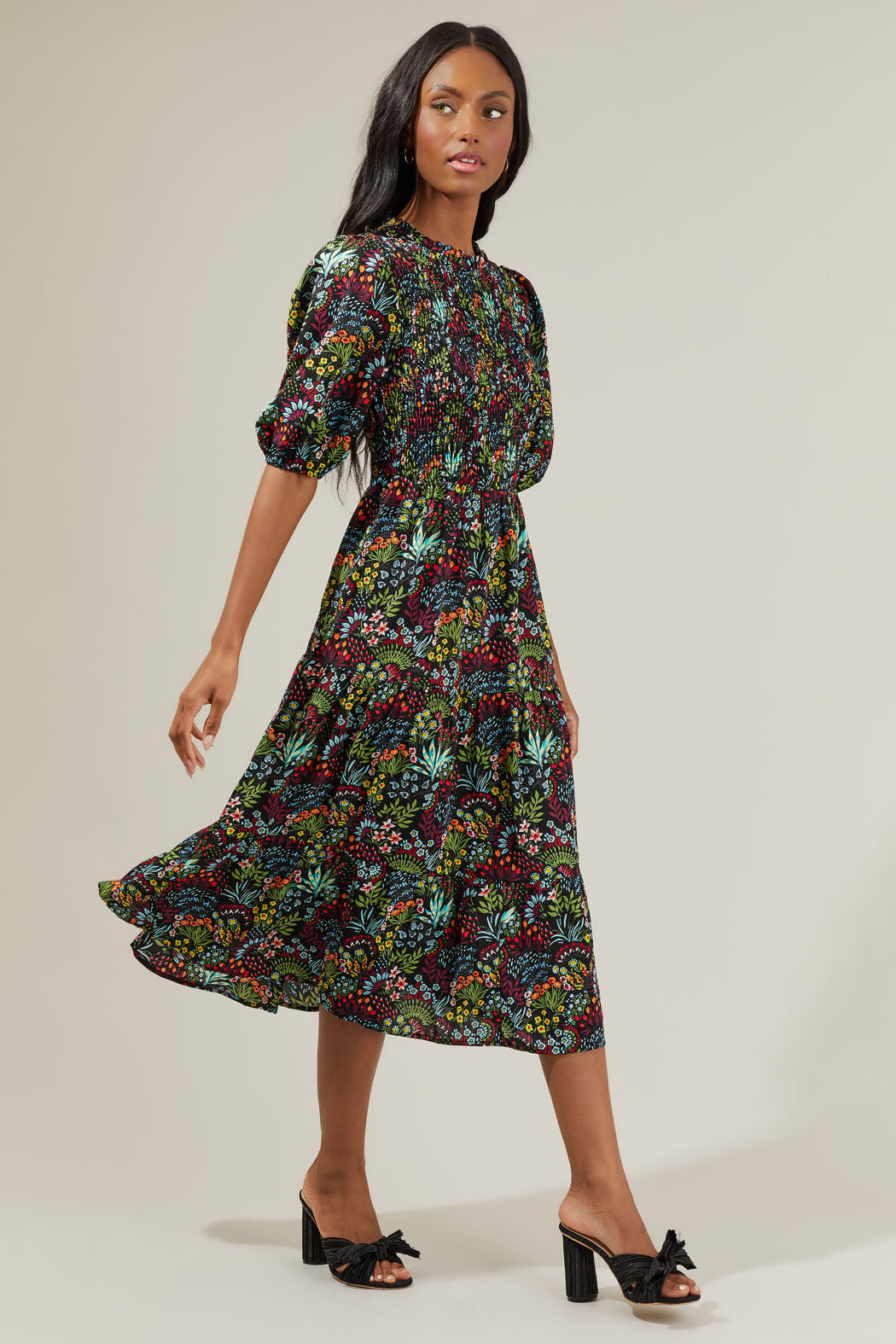 floral smocked tiered midi dress Astrid Smocked Floral Print Tiered Midi Dress