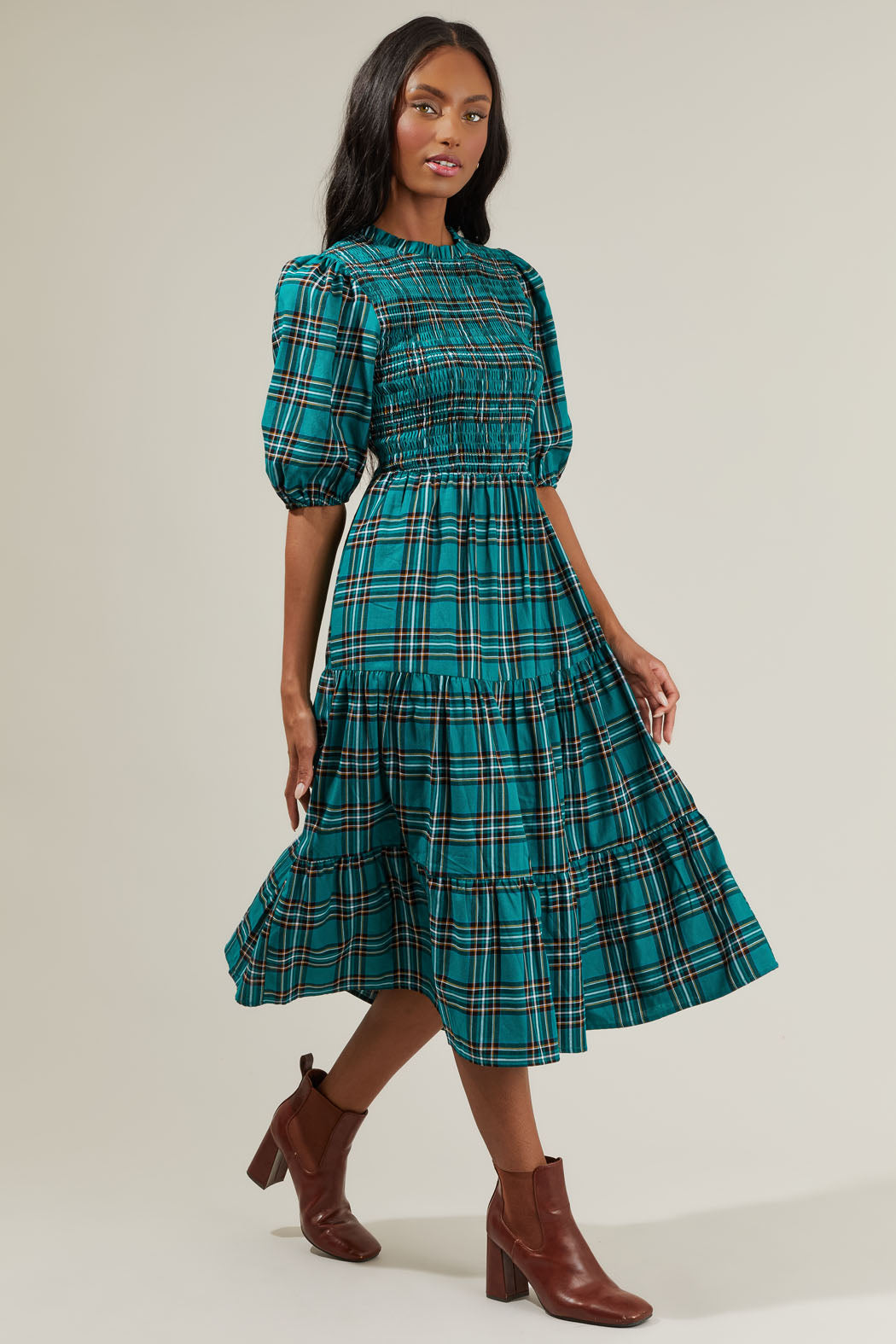 Melody Plaid Smocked Tiered Midi Dress Sugarlips Melody Plaid Smocked Tiered Midi Dress Sugarlips