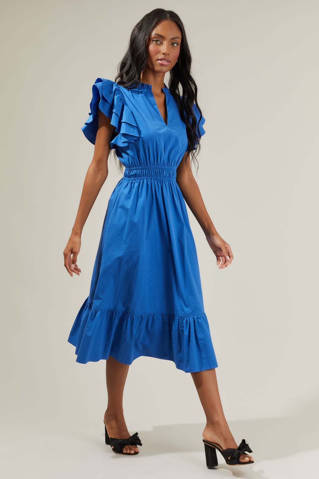poplin maxi dress Sculpted-Stretch + Cotton Pleated layer details sweep across the bottom third of the skirt to create a single tier Marine Layer Women's Darcy Poplin
