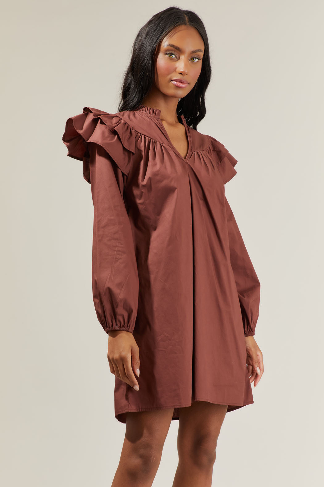 Prissy Poplin Ruffle Mini Dress BROWN / S by Sugarlips Prissy Poplin Ruffle Mini Dress BROWN / S by Sugarlips