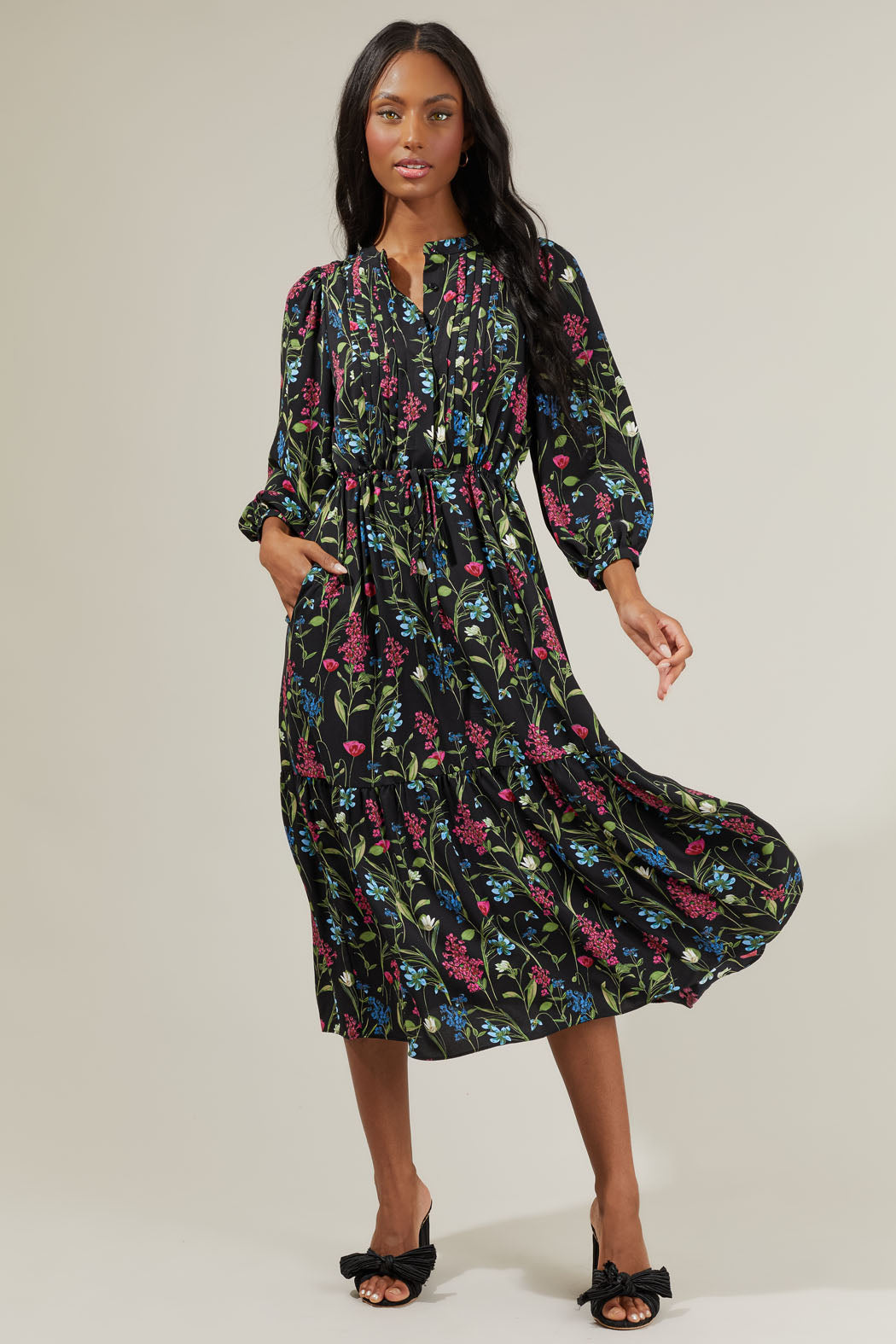 Madeline Groover Floral Midi Dress Black-Multi / Xs by Sugarlips Madeline Groover Floral Midi Dress Black-Multi / Xs by Sugarlips