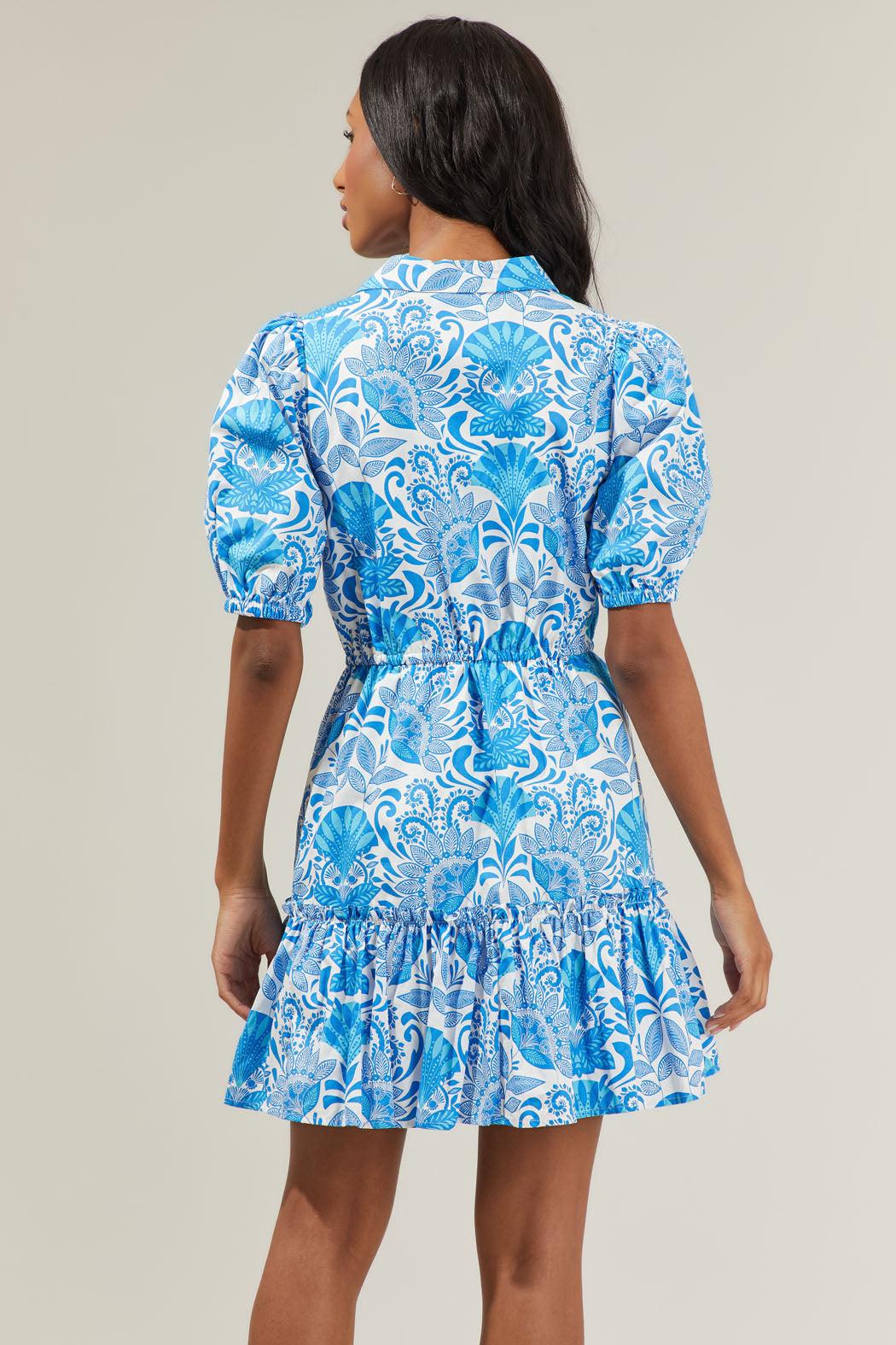 Biller Floral Stacie Button Down Mini Dress WHITE-BLUES / M by Sugarlips Biller Floral Stacie Button Down Mini Dress WHITE-BLUES / M by Sugarlips