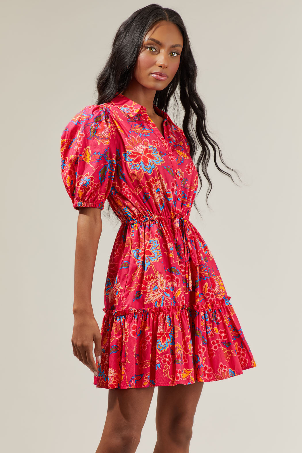red floral button down dress Rust Red Floral Mini Dress | Long-Sleeve
