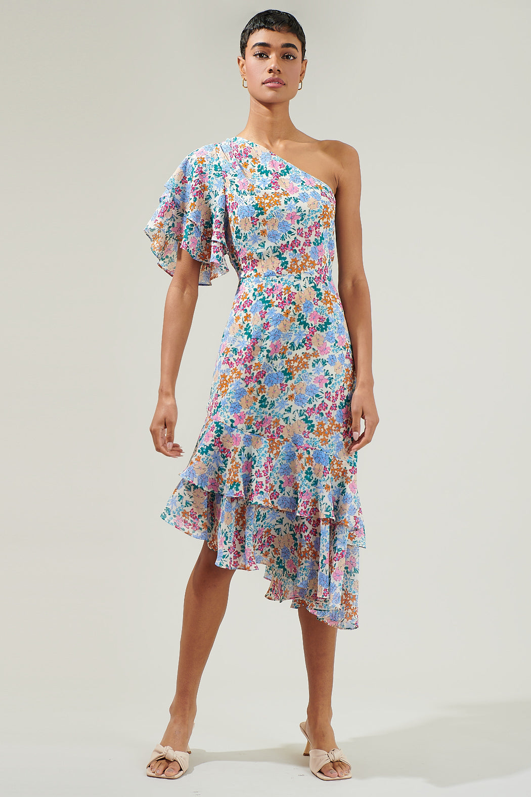 Posy Blossom One Shoulder Asymmetrical Dress CREAM-MULTI / S by Sugarlips Posy Blossom One Shoulder Asymmetrical Dress CREAM-MULTI / S by Sugarlips