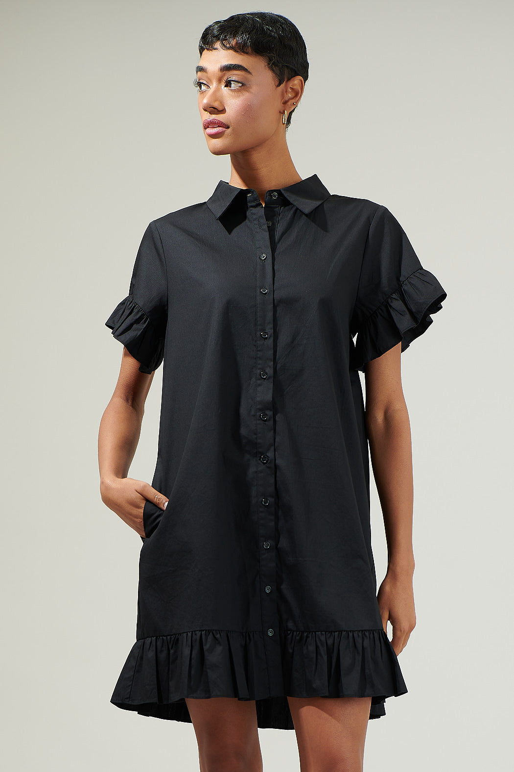 Kacey Ruffled Shirt Mini Dress Black / XS by Sugarlips Kacey Ruffled Shirt Mini Dress Black / XS by Sugarlips