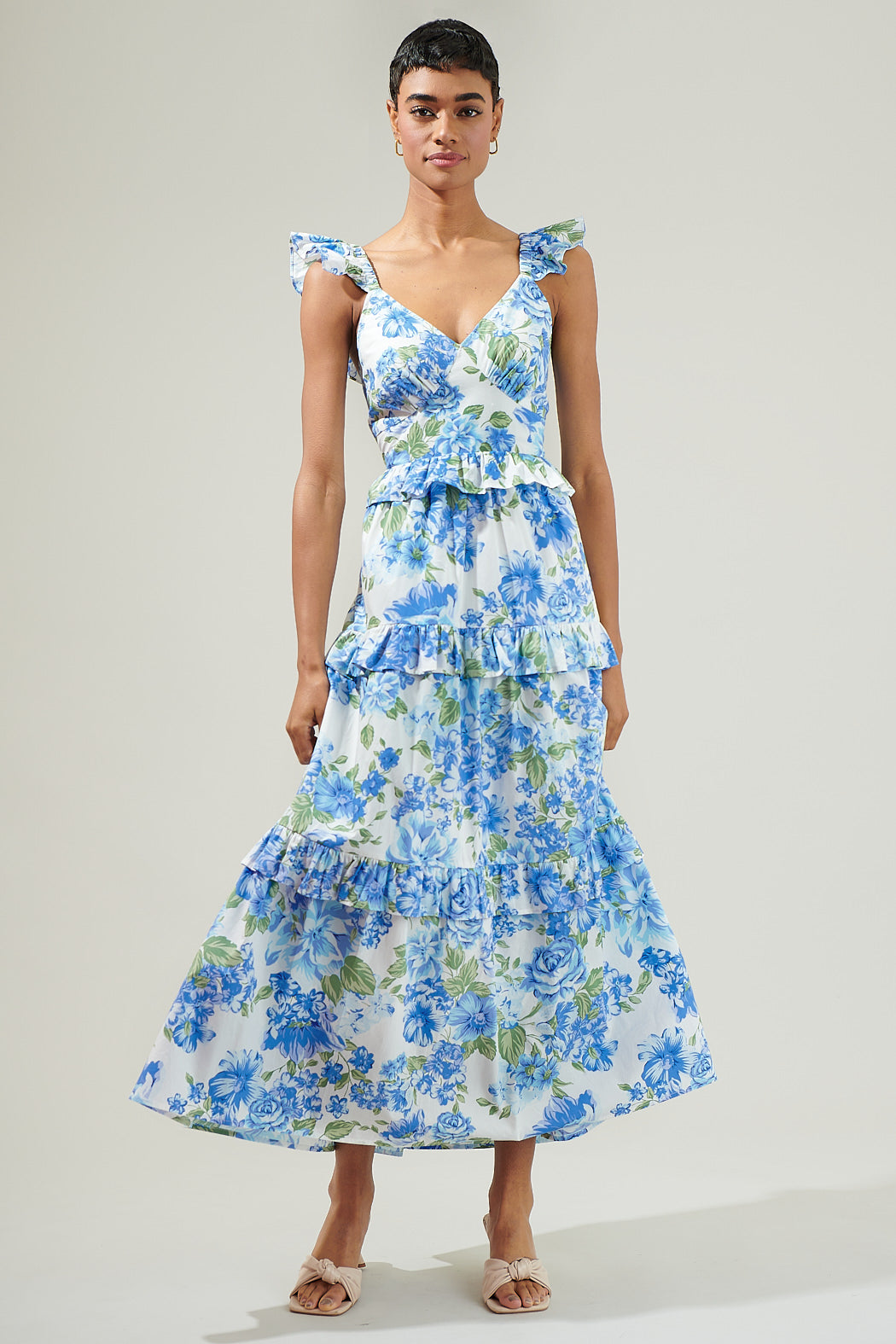 Truth Be Told Blue Floral Tiered Maxi Dress Blue-Cream / XL by Sugarlips Truth Be Told Blue Floral Tiered Maxi Dress Blue-Cream / XL by Sugarlips