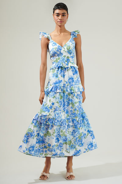 Truth Be Told Blue Floral Tiered Maxi Dress BLUE-CREAM / XL