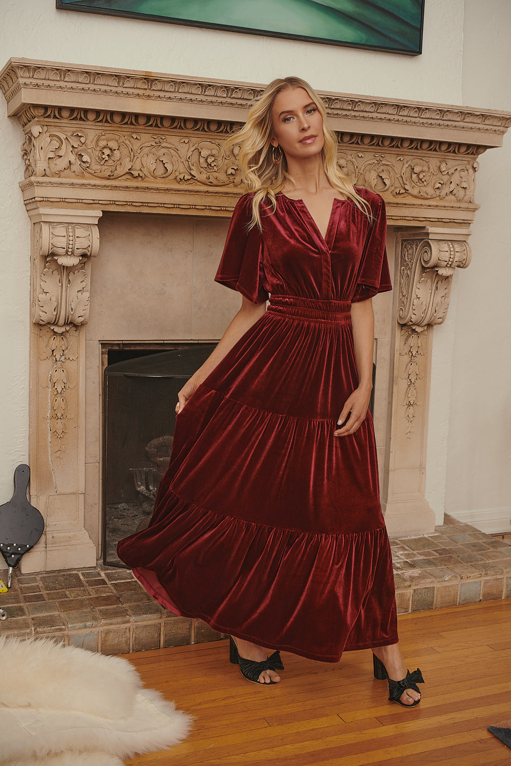 Debbie Velvet Tiered Maxi Dress BURGUNDY / XS by Sugarlips Debbie Velvet Tiered Maxi Dress BURGUNDY / XS by Sugarlips