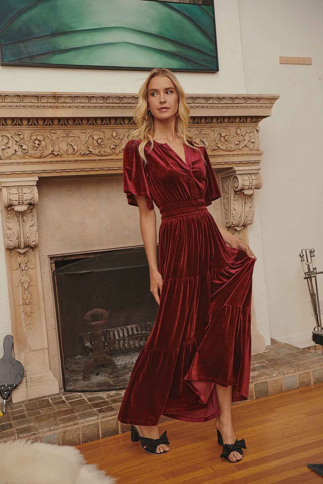 Debbie Velvet Tiered Maxi Dress BURGUNDY / XS by Sugarlips Debbie Velvet Tiered Maxi Dress BURGUNDY / XS by Sugarlips