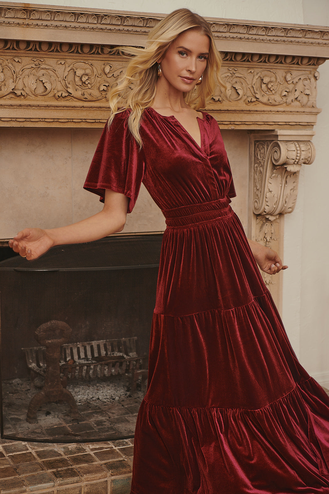 Debbie Velvet Tiered Maxi Dress BURGUNDY / XS by Sugarlips Debbie Velvet Tiered Maxi Dress BURGUNDY / XS by Sugarlips