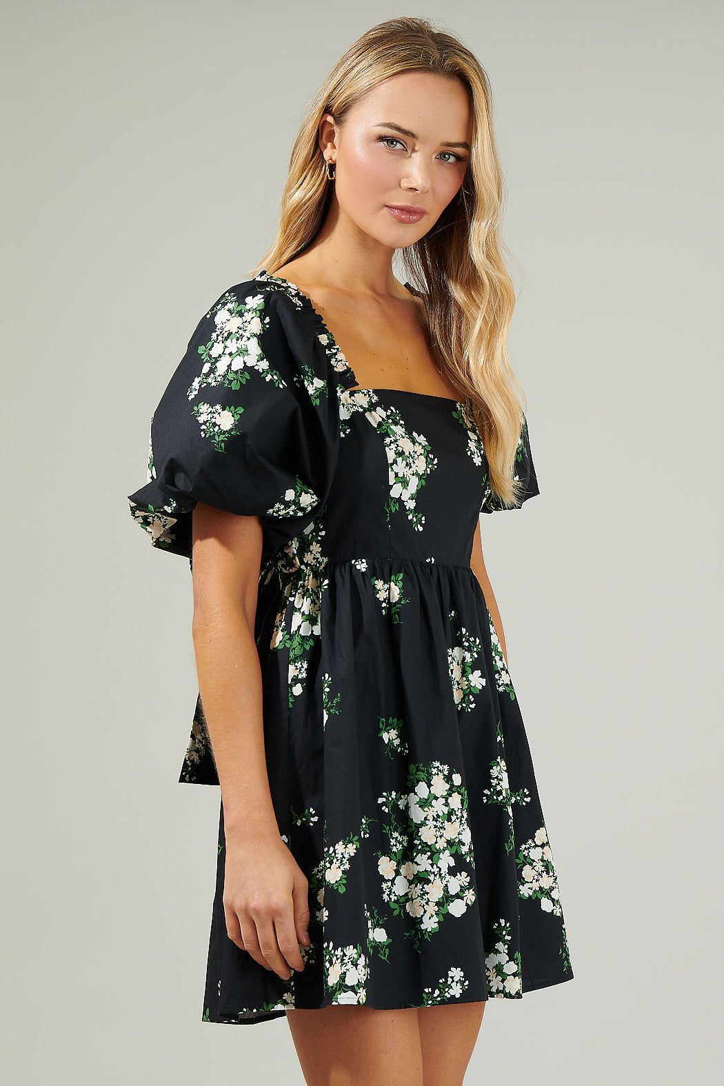 Emery Floral Marion Puff Sleeve Babydoll Mini Dress BLACK-TAUPE-MUL / XS by Sugarlips Emery Floral Marion Puff Sleeve Babydoll Mini Dress BLACK-TAUPE-MUL / XS by Sugarlips