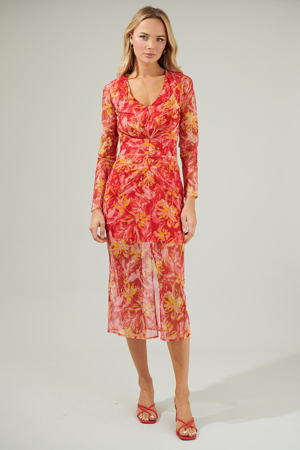 Elmira Floral Mesh Midi Dress RED-MULTI / S by Sugarlips Elmira Floral Mesh Midi Dress RED-MULTI / S by Sugarlips